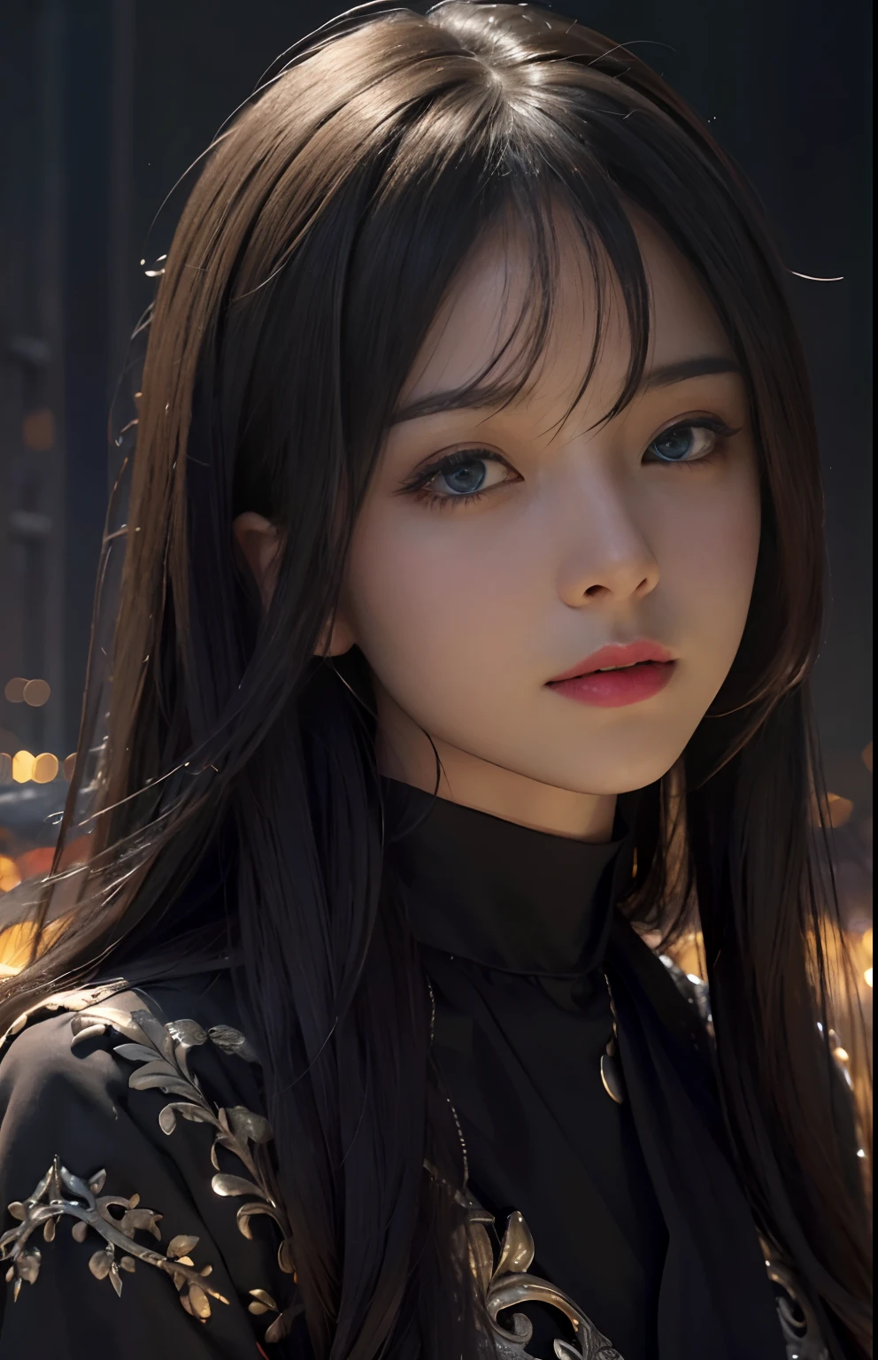 (Ultra Realistic), (Illustration), (Increased Resolution), (8K), (Extremely Detailed), (Best Illustration), (Beautiful and Detailed Eyes), (Best Quality), (Ultra Detailed), (Masterpiece ), ( wallpaper), (detailed face), solo, 1 girl, looking at viewer, fine details, detailed face, in the dark, deep shadows, low key, pureerosfaceace_v1, smiling, long hair, black shawl straight hair , 46 points oblique bangs