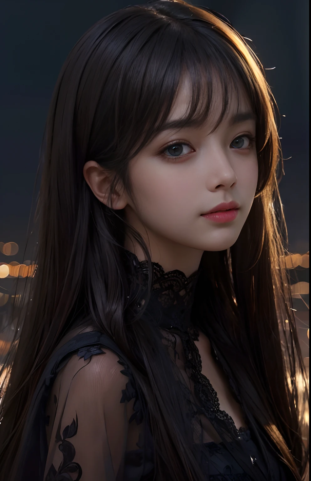 (Ultra Realistic), (Illustration), (Increased Resolution), (8K), (Extremely Detailed), (Best Illustration), (Beautiful and Detailed Eyes), (Best Quality), (Ultra Detailed), (Masterpiece ), ( wallpaper), (detailed face), solo, 1 girl, looking at viewer, fine details, detailed face, in the dark, deep shadows, low key, pureerosfaceace_v1, smiling, long hair, black shawl straight hair , 46 points oblique bangs