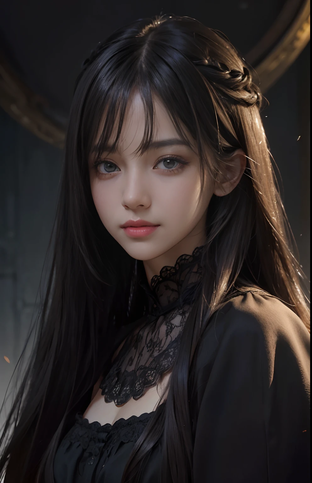 (Ultra Realistic), (Illustration), (Increased Resolution), (8K), (Extremely Detailed), (Best Illustration), (Beautiful and Detailed Eyes), (Best Quality), (Ultra Detailed), (Masterpiece ), ( wallpaper), (detailed face), solo, 1 girl, looking at viewer, fine details, detailed face, in the dark, deep shadows, low key, pureerosfaceace_v1, smiling, long hair, black shawl straight hair , 46 points oblique bangs
