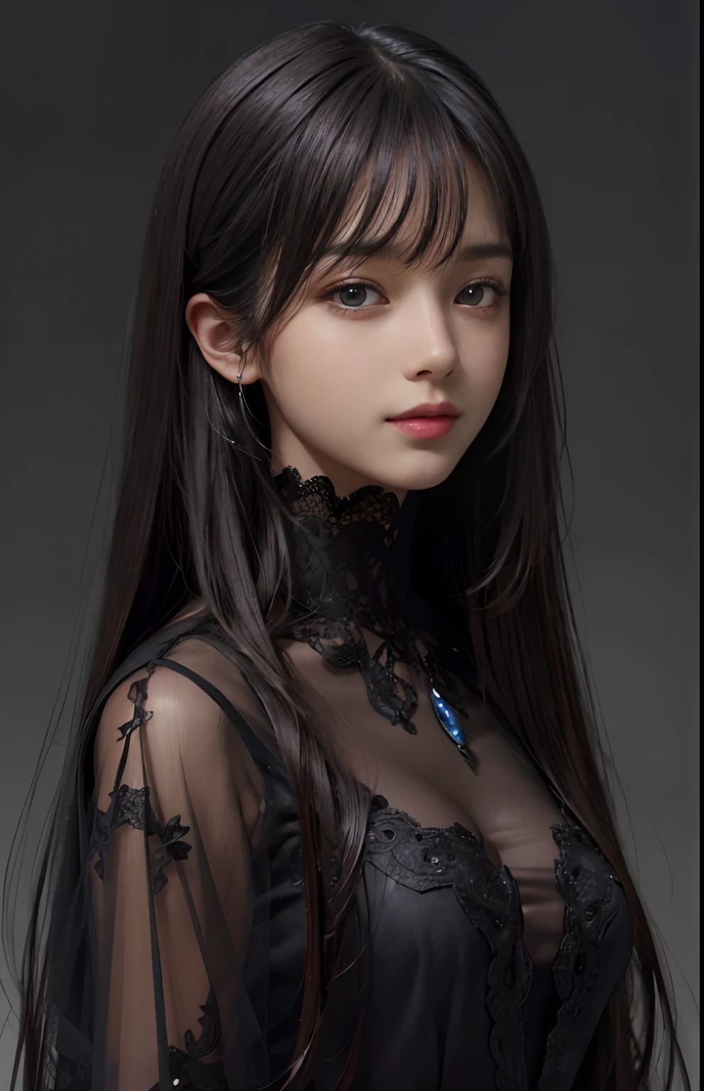 (Ultra Realistic), (Illustration), (Increased Resolution), (8K), (Extremely Detailed), (Best Illustration), (Beautiful and Detailed Eyes), (Best Quality), (Ultra Detailed), (Masterpiece ), ( wallpaper), (detailed face), solo, 1 girl, looking at viewer, fine details, detailed face, in the dark, deep shadows, low key, pureerosfaceace_v1, smiling, long hair, black shawl straight hair , 46 points oblique bangs