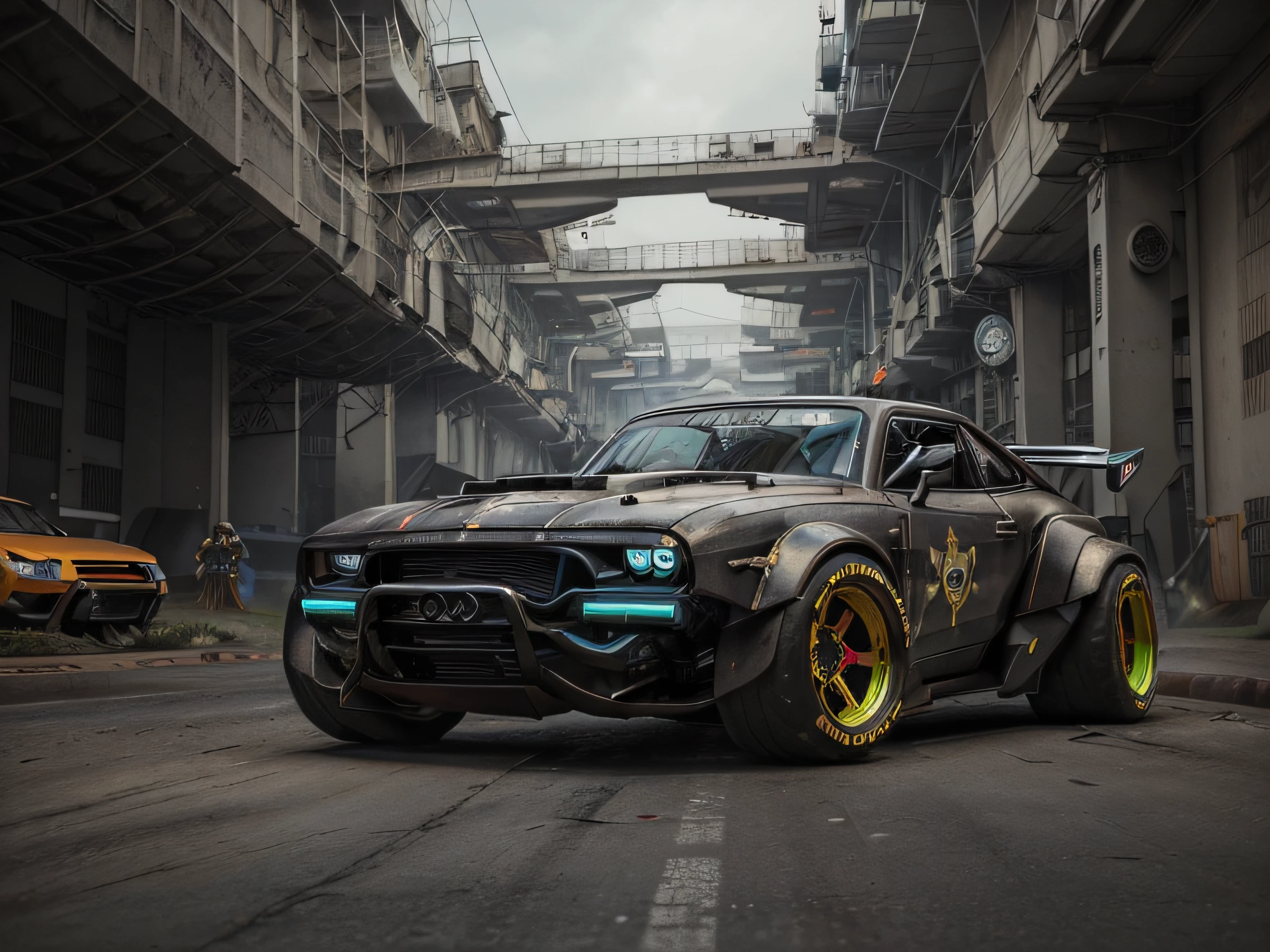 uma vista frontal 3/4 dos ((Futurista cyberpunk Hotrod Zeekars)) (com pneus brilhantes), ((PNEU ARO DOURADO)), carro preto, carenagem com efeitos de neon, Red headlights ((linhas neon vermelho)), fundo GARAGEM UNDERGROUND, ((luzes neon no teto)).