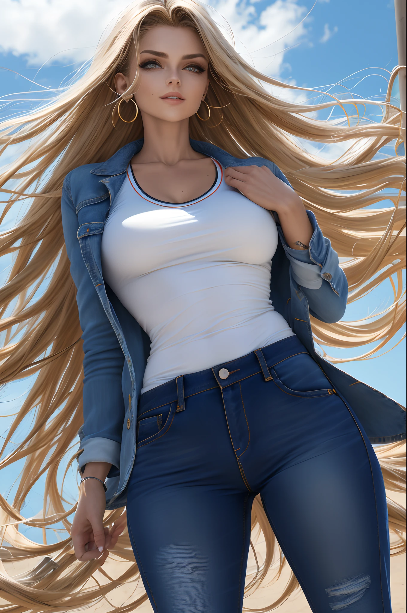 obra-prima, alta qualidade, 1 garota, sozinho, cabelo longo, (cabelo entre os olhos), (hair fluttering in the wind), asas de morcego, rosto desapontado, (Camisola bordada, jeans flare cortados, blazer de couro)