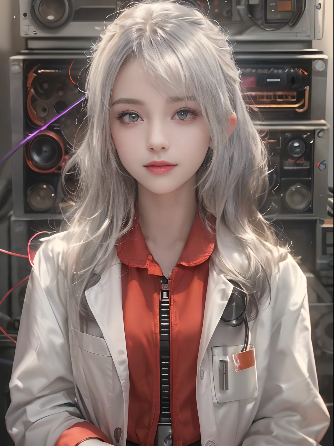 art by Cornflower, Dreamy
(Flat color, (Masterpiece:1.5), (Best quality:1.5), Amazing, Beautiful detailed, extremelydetailedwallpaper, Extremely detailed Cg Unity 8K wallpaper, Extremely delicate and beautiful, finely detailed, extremelydetailedwallpaper, fantasy, offcial art, Detailed background, (beautiful detailed shading: 1.5, Cinematic lighting, Backlight), [((Symmetrical geometry, Science fiction: 1.5, Vacuum punk: 1.5, 1960s (Style): 1.5, artistic décor), (Control, nixie tubes: 1.8, makina, Silver, Metal pigments, electrical wires, vacuum tubes, Old computer, Simple screen))::0.75], [((Solo: 1.5), (1 girl), (Teenage girl, Cute, Extremely detailed eyes and face, Clear eyes, Clear face, White medium hair, Red eyes, White lab coat: 1.5, hands in a pocket: 1.5, Black shirt: 1.5, Black trousers, view the viewer, Light smile: 1.3, Cropped torso: 1.8, mid closeup: 1.5, Waist Shot: 1.5), Depth of field): 0.25])