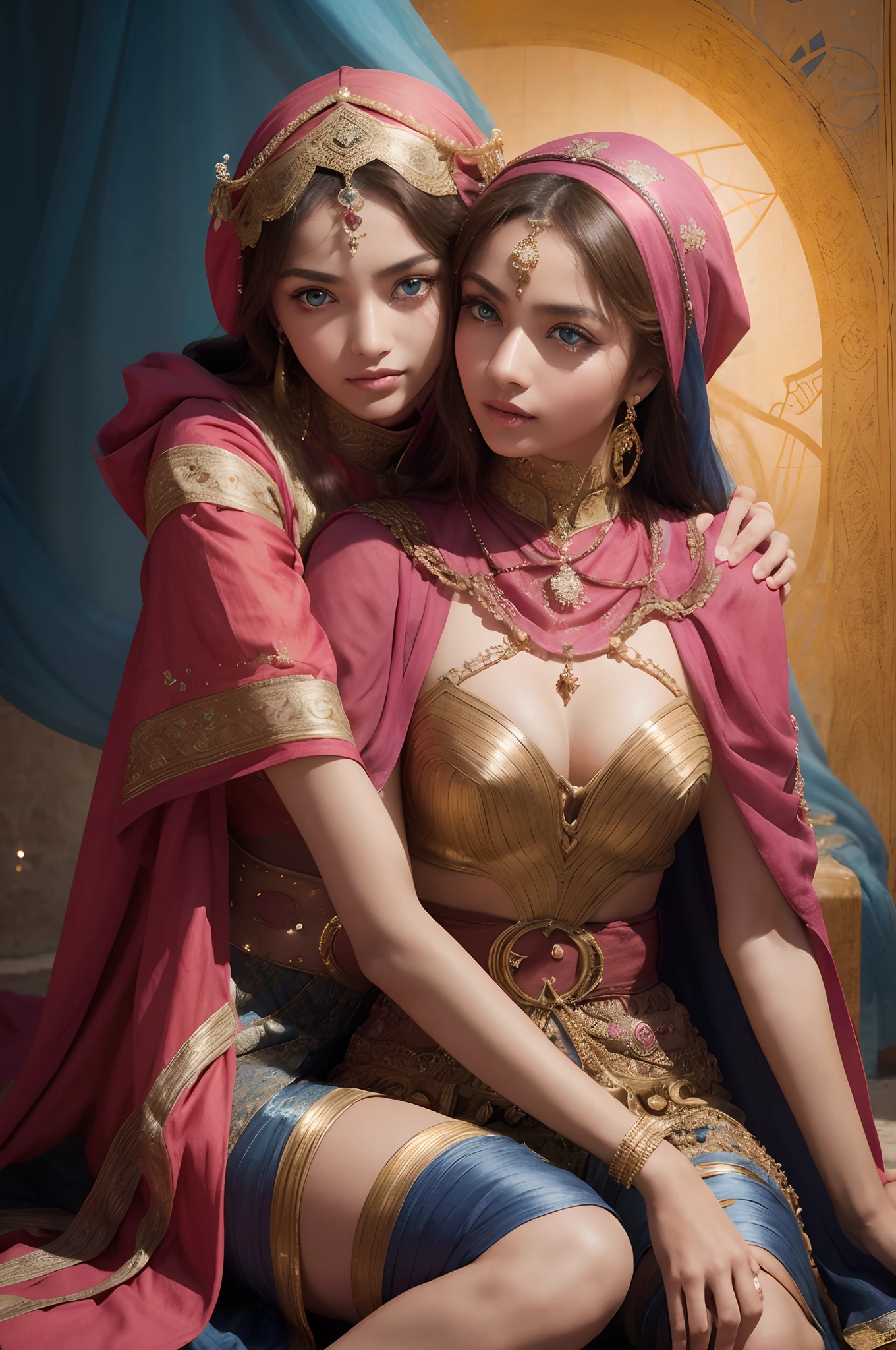 2 girls kneeling,duo,top-quality、Extremely Delicately Beautiful、(Strange blue and red eyes)、arabian clothes 、silber hair、femele、(（Brown skin）),Front lens,（Close-up Shot Shot：1.6），best qualtiy，f / 1 HD photography T bokeh，Depth of field macro,