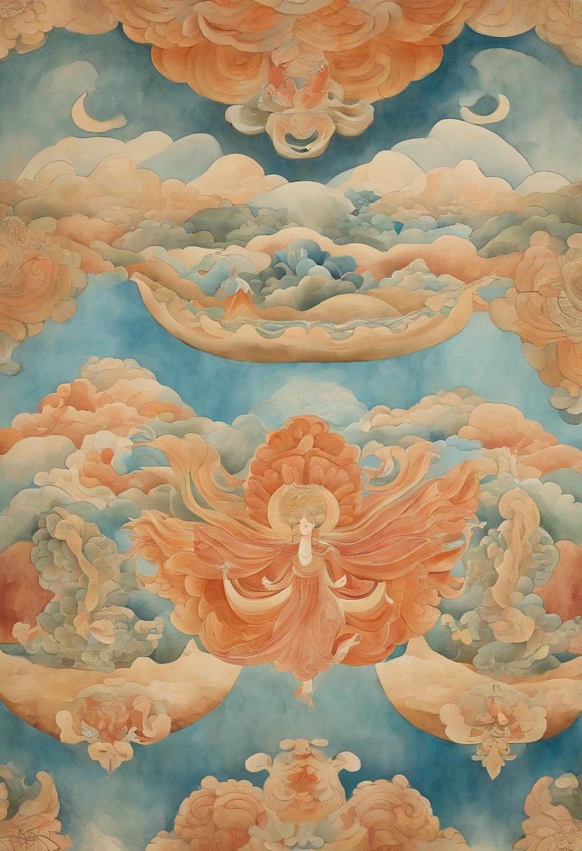 Dunhuang murals,Rich in color,planar,4k,8k,Powerpuff Dancer,Auspicious cloud pattern,