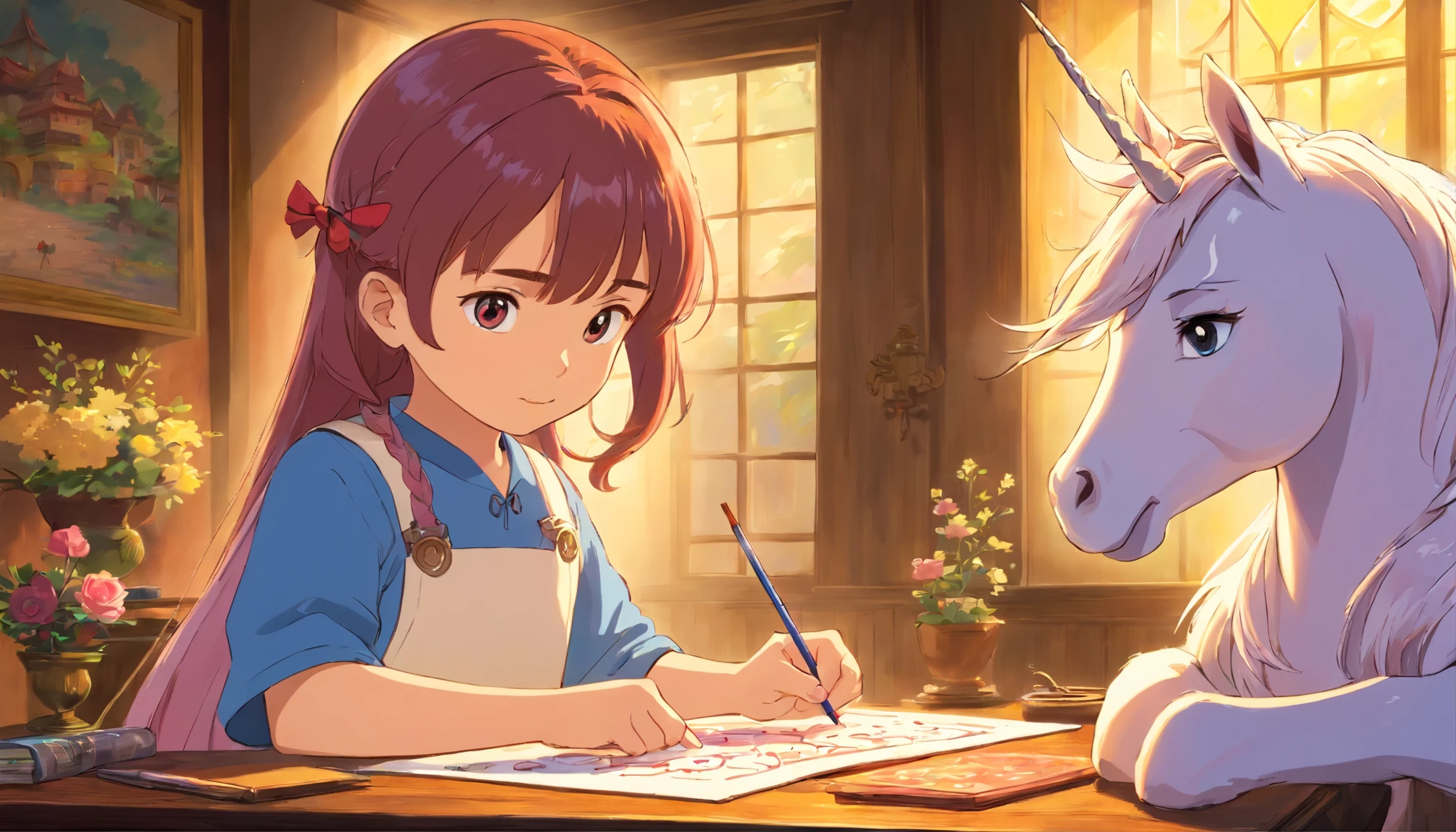 The little girl is drawing a picture,The painting is a unicorn