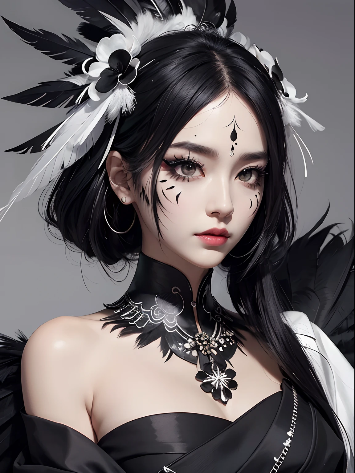 Black and white kimono、a lot of black feathers on the head,,,、Black eyeliner and black eyeshadow、A detailed face、detailed facial expression、Shoot from the waist up、Dynamic Posing、Fancy makeup、Fancy face paint、