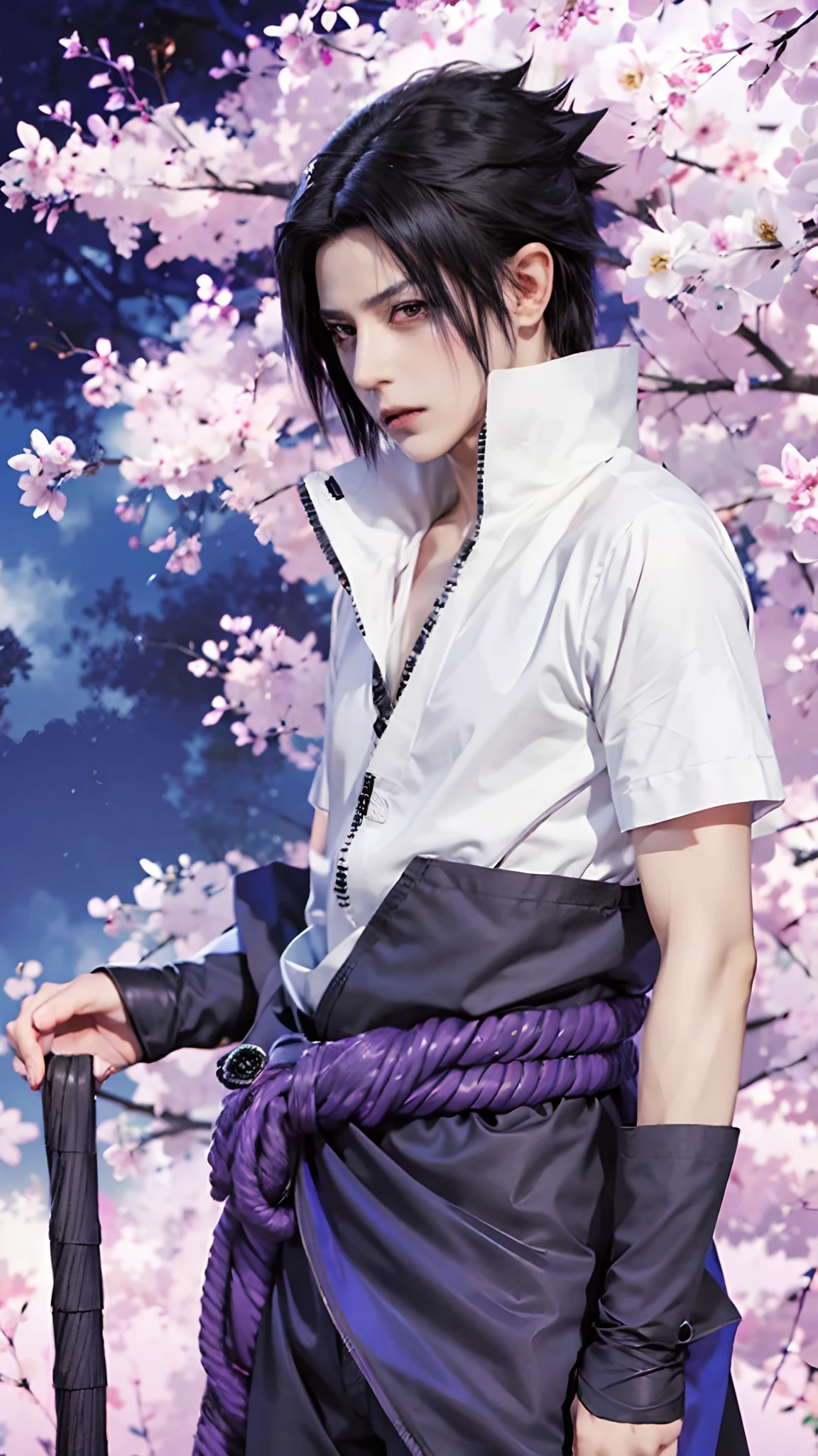 1man, uchiha sasuke in anime naruto shipudden, short hair , black hair, red ligth eyes, handsome, purple clothes, realistic clothes, detail clothes, city background, ultra detail, realistic