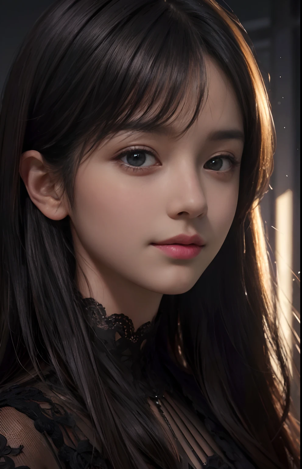 (Ultra Realistic), (Illustration), (Increased Resolution), (8K), (Extremely Detailed), (Best Illustration), (Beautiful and Detailed Eyes), (Best Quality), (Ultra Detailed), (Masterpiece ), ( wallpaper), (detailed face), solo, 1 girl, looking at viewer, fine details, detailed face, in the dark, deep shadows, low key, pureerosfaceace_v1, smiling, long hair, black shawl straight hair , 46 points oblique bangs