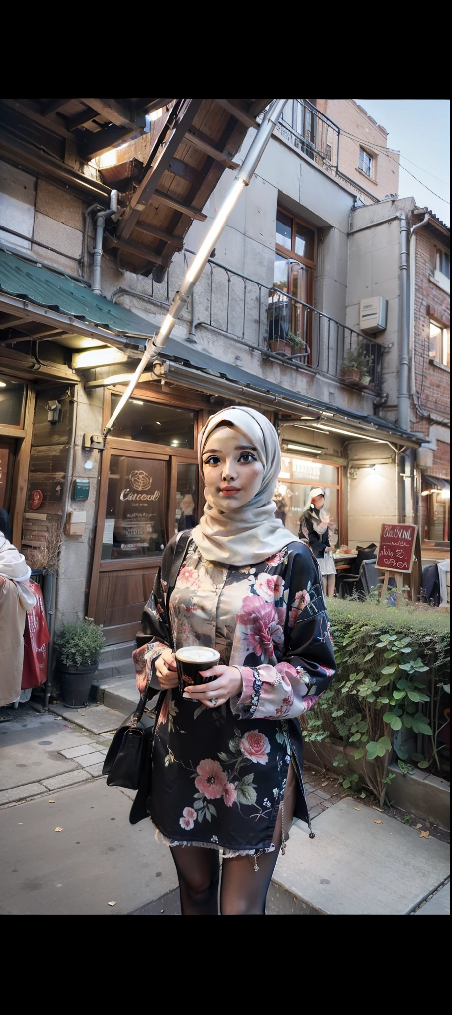 Cafetaria,girl hijab, beautiful sky, realistis