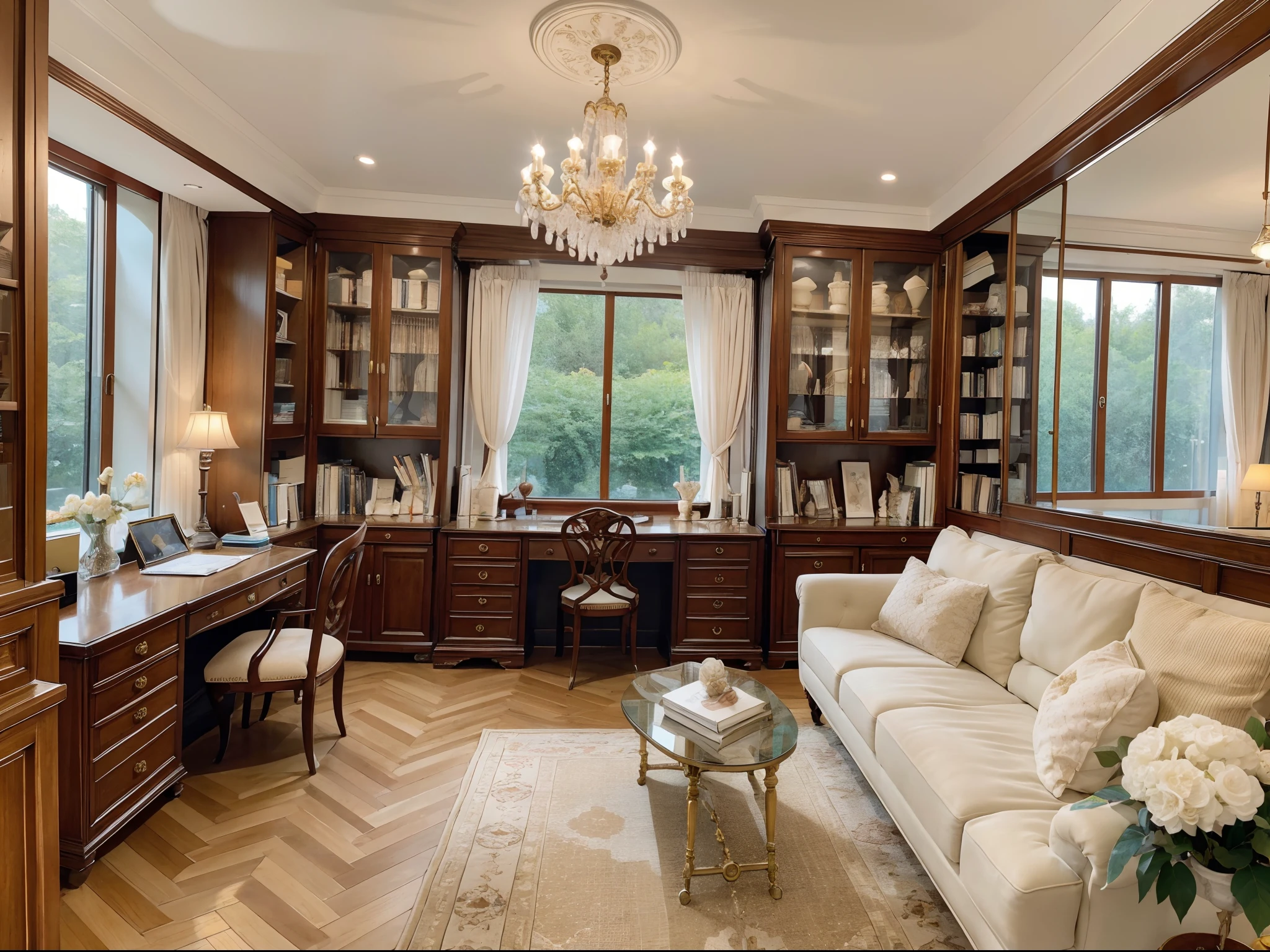 A girl in a grand library, surrounded by towering bookshelves filled with classic literary works. The atmosphere is filled with intellectual vibes. The girl is sitting at an elegant marble desk, scattered with stationery, capturing her creativity and inspiration. The desk is perfectly lit by a golden chandelier, casting a warm glow on the comfortable sofa in front of the bookshelves. The girl immerses herself in the ocean of books, indulging in the world of literature. Outside the window, lush greenery bathed in sunlight, as if engaging in a dialogue with the spirit of literature. The image quality should be of the highest standard, with ultra-detailed and realistic details. The artistic style should lean towards the portrait of a girl in a literary setting. The color tone should be warm, creating a cozy and inviting atmosphere. The lighting should capture the essence of a well-lit reading corner.