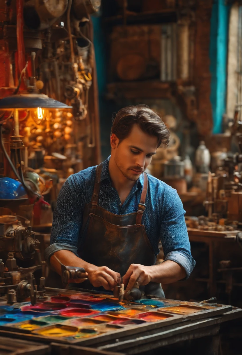 Create an image, which shows the process of creating a picture by a person, bright colours, detailing, paints, tooling, machinery, A person uses his skills and creativity, to create something new and unique.