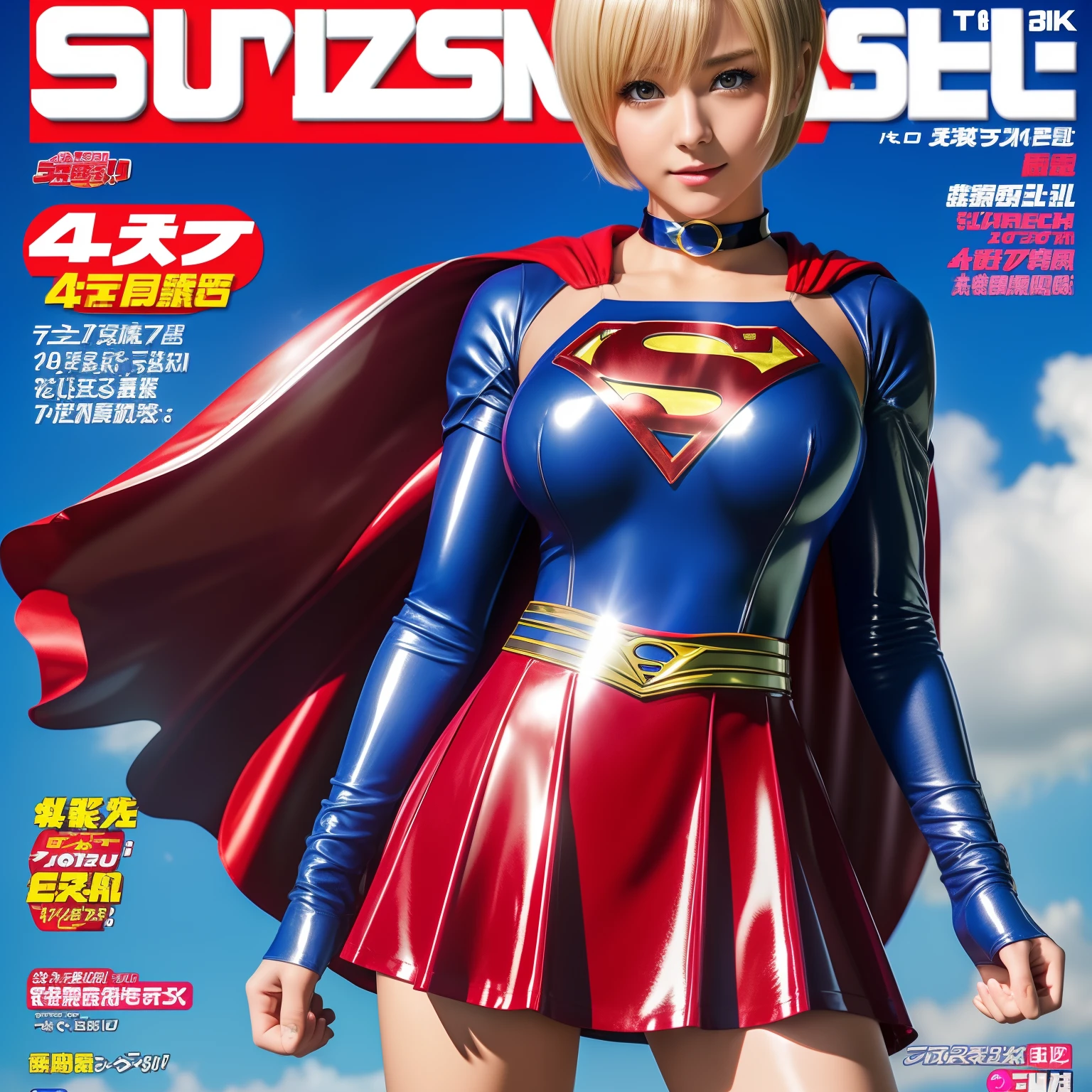 (Best Quality,4K,8K,hight resolution,masutepiece:1.2),Ultra-detailed,Realistic:1.37,Super masterpiece,Short-haired Supergirl、large full breasts、Looking at the camera、Glossy costume、a choker、Too short miniskirt、Shiny bright red enamel boots、Magazine covers、Shonen Magazine