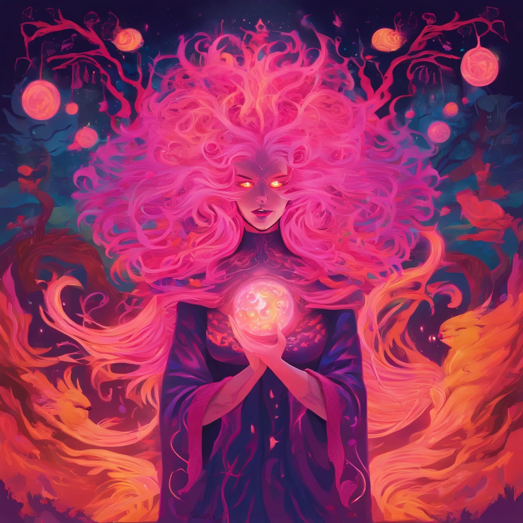 (a pink-haired demon woman,spells:1.1,glowing:1.1)(illustration)(best quality,ultra-detailed,realistic:1.37),demonic witch(demonic:1.1)(magic:1.1)(forest)(dark and mysterious,ominous atmosphere),casting powerful spells,creating magical energy(magic:1.1),vibrant pink hair(swirling pink hair)(flowing pink hair),horns(devil horns:1.1),piercing red eyes,enchanted scepter(magical scepter),elaborate dark robe,glowing magical sigils,fiery embers swirling(magical embers:1.1)(glowing embers),magical aura(glowing aura),eerie shadows,otherworldly presence(presence),sinister smile,nightfall in the background(dark night:1.1)(moonlit forest),lush and dense foliage(twisted trees)(mystical plants:1.1),mystical particles(swirling particles)(floating particles),ethereal glow(ethereal:1.1)(soft glow),faint moonlight breaking through the trees,haunting and captivating(scary atmosphere),bewitching beauty,wide range of colors(vivid colors)(contrasting colors),mystical realm,impressive details,dynamic composition,mesmerizing artwork,photorealistic style(picasso style),impressive shading and lighting,explosive energy,magical atmosphere(fantasy atmosphere),dreamlike scene