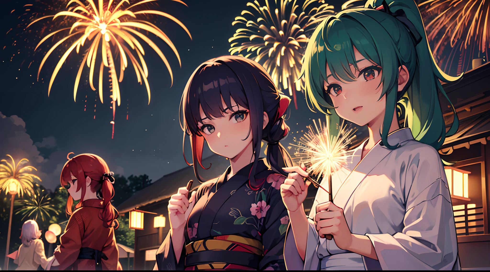 masterpiece, lots of detail, 4k, 8k, ((ultra-detailed)), highres, soft lighting, 4girls, yukata, night, fireworks, {red hair|green hair|black hair|blue hair}, {ponytail|short hair|long hair|curly hair}