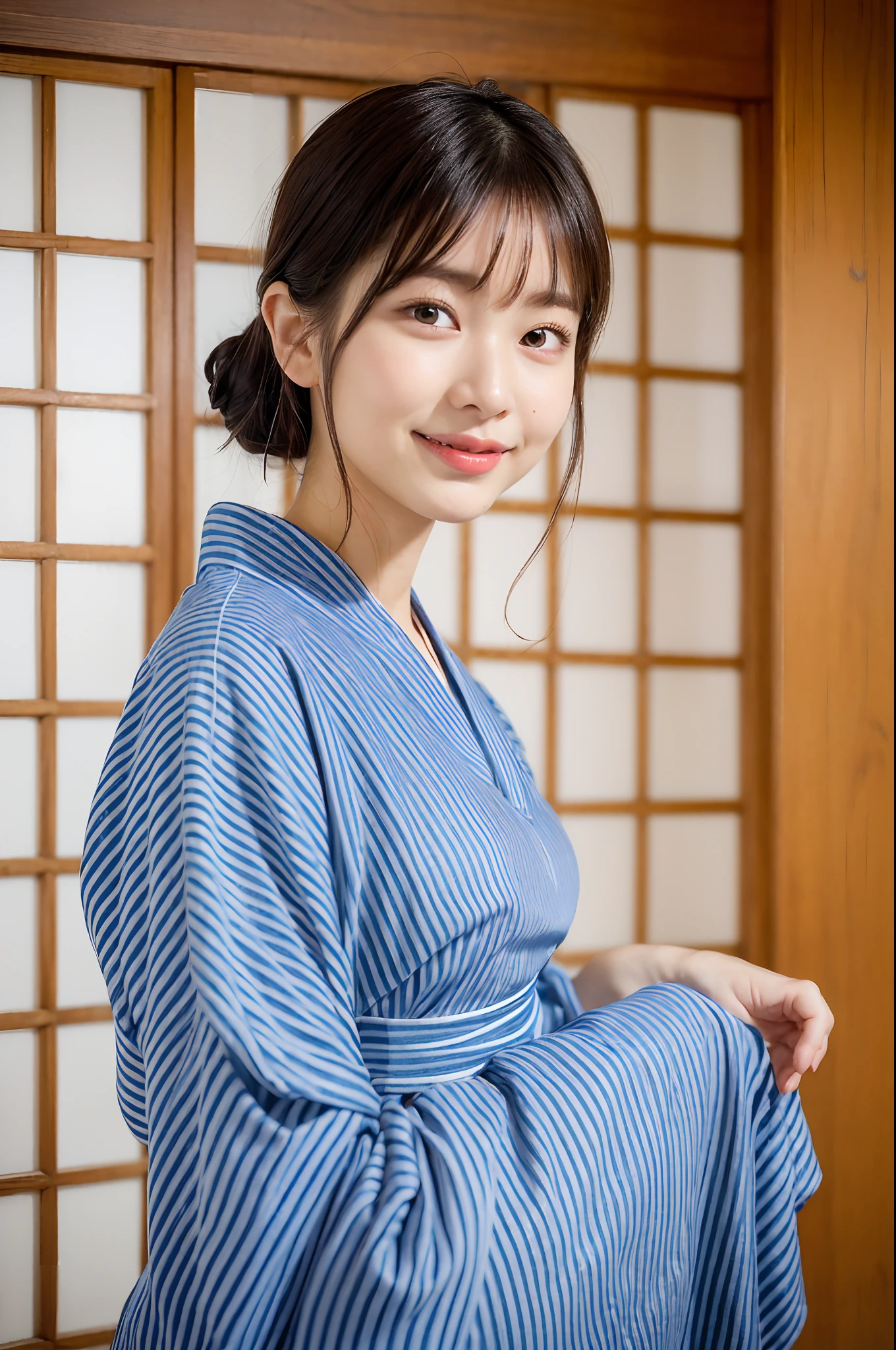 (natta:1.7), East Asian Architecture, 1womanl,Sitting on tatami mats, brunette color hair,(hair between eye), Lip flap, 、(Beautiful shiny straight short long:1.2),Beautiful fingers,Beautiful long legs,Beauty Body,Cute nose,Beautiful character design,perfect eyes,face perfect,looking at viewert,(Innocent_Big_Eyes:1.0),(light_Smile:0.3),offcial art,Very detailed CG Unity 8K wallpaper,Perfect litthing,highly colorful,Bright_front_Face_Lighting,(tmasterpiece:1.0),(best_quality:1.0), 超A high resolution,4K,ultra - detailed, photography of, 8K, nffsw, hight resolution, absurderes:1.2, Kodak Portra 400, film grains, the background is blurred, Bokeh:1.2, Lens Flare Glow, ( Vibrant_Color:1.2) (Beautiful,Large_breasts:1.4), (Beautiful_Face:1.5),(narrow_waist-up),8K,Raw photo, 、Relax at a ryokan in Japan、The background is the open-air bath at night at a hot spring inn (Girls are not subjects:1.3) (Hair after a bath:1.3),(Hair is wet:1.3) ((Girls are not subjects:1.2))((Draw a wide night background:1.2),((Yukata with light blue stripes isolated on white background:1.3)),(Yukata does not need gloss at all..:1.3)),((No need for a Korean yukata or Korean-style hairstyle.:1.5)),((Faithfully and realistically reproduce a pure Japan yukata:1.5))((Light Pink Band:1.3)),((The background is the entrance of the inn at night:1.3))