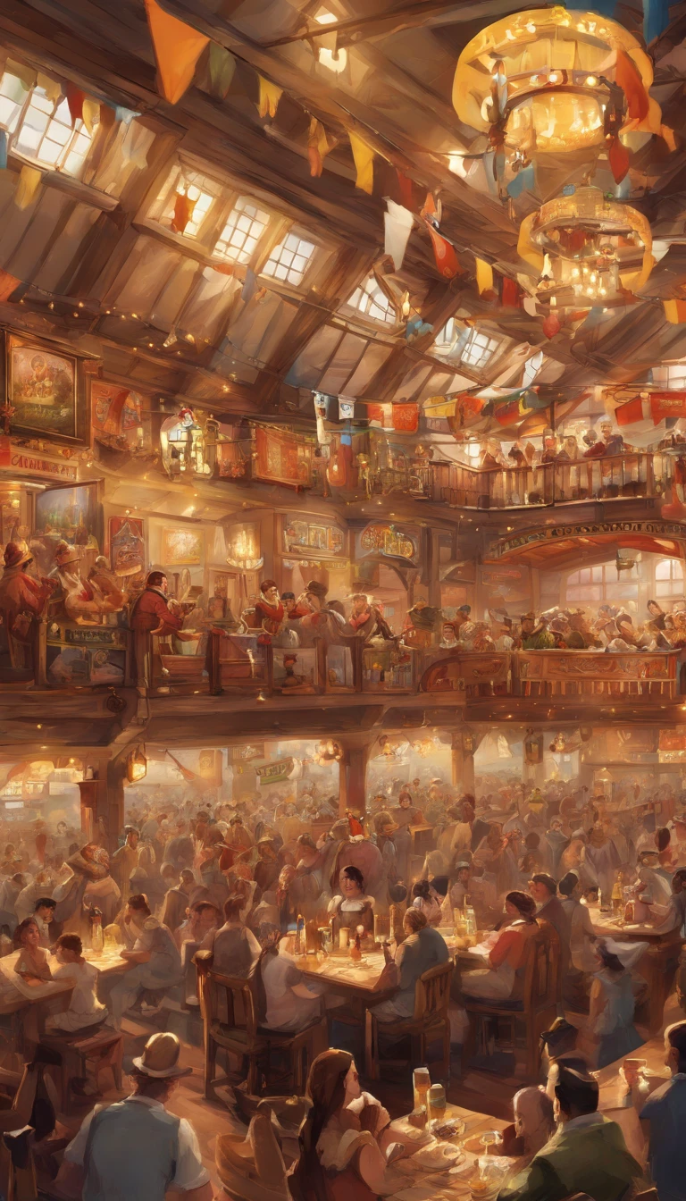 (((Lively Oktoberfest Beer Hall)))
Type of Image: Photograph
Subject Description: A bustling Oktoberfest beer hall adorned with Bavarian flair. Traditional Bavarian flags hang overhead, Oktoberfest banners decorate the walls, and garlands of oversized pretzels and sausages frame the space. Patrons in Bavarian attire clink beer steins, and bartenders in traditional outfits serve frothy beer.
Art Styles: Realistic, Capturing the Authentic Atmosphere
Art Inspirations: Photographers known for capturing cultural events and traditions
Camera: DSLR, Wide-Angle Lens (24mm)
Shot: Candid, Emphasizing the Vibrancy of the Scene
Render Related Information: High Resolution (4K), HDR, Warm Ambient Lighting, Rich Colors