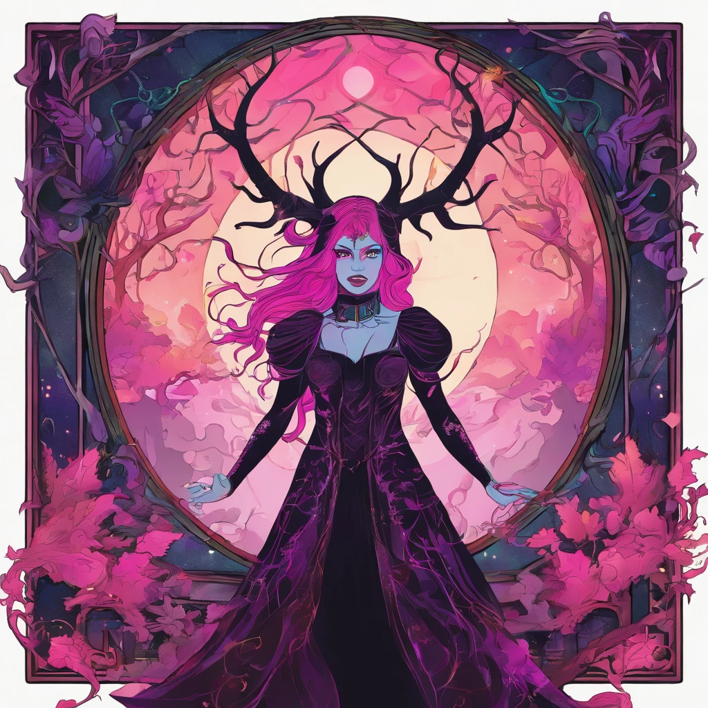 (a pink-haired demon woman,spells:1.1,glowing:1.1)(illustration)(best quality,ultra-detailed,realistic:1.37),demonic witch(demonic:1.1)(magic:1.1)(forest)(dark and mysterious,ominous atmosphere),casting powerful spells,creating magical energy(magic:1.1),vibrant pink hair(swirling pink hair)(flowing pink hair),horns(devil horns:1.1),piercing red eyes,enchanted scepter(magical scepter),elaborate dark robe,glowing magical sigils,fiery embers swirling(magical embers:1.1)(glowing embers),magical aura(glowing aura),eerie shadows,otherworldly presence(presence),sinister smile,nightfall in the background(dark night:1.1)(moonlit forest),lush and dense foliage(twisted trees)(mystical plants:1.1),mystical particles(swirling particles)(floating particles),ethereal glow(ethereal:1.1)(soft glow),faint moonlight breaking through the trees,haunting and captivating(scary atmosphere),bewitching beauty,wide range of colors(vivid colors)(contrasting colors),mystical realm,impressive details,dynamic composition,mesmerizing artwork,photorealistic style(picasso style),impressive shading and lighting,explosive energy,magical atmosphere(fantasy atmosphere),dreamlike scene