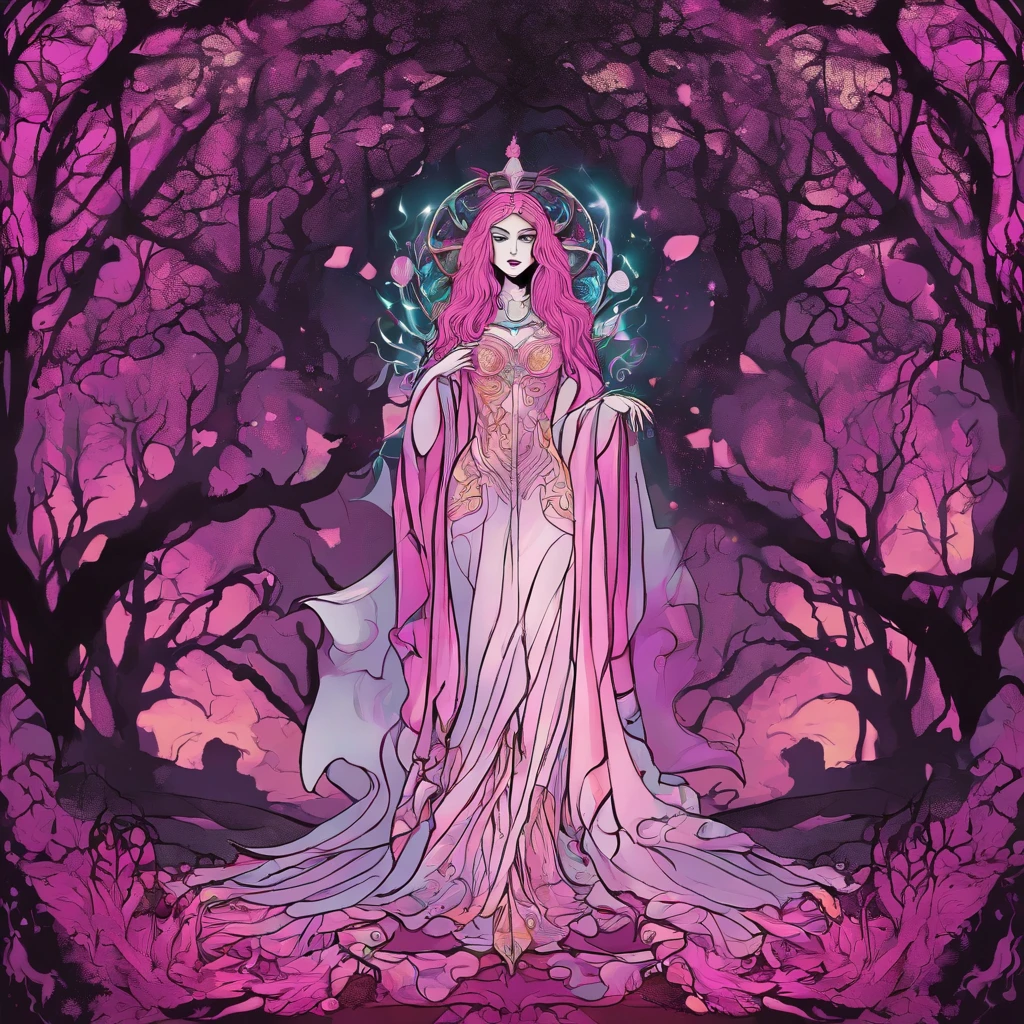 (a pink-haired demon woman,spells:1.1,glowing:1.1)(illustration)(best quality,ultra-detailed,realistic:1.37),demonic witch(demonic:1.1)(magic:1.1)(forest)(dark and mysterious,ominous atmosphere),casting powerful spells,creating magical energy(magic:1.1),vibrant pink hair(swirling pink hair)(flowing pink hair),horns(devil horns:1.1),piercing red eyes,enchanted scepter(magical scepter),elaborate dark robe,glowing magical sigils,fiery embers swirling(magical embers:1.1)(glowing embers),magical aura(glowing aura),eerie shadows,otherworldly presence(presence),sinister smile,nightfall in the background(dark night:1.1)(moonlit forest),lush and dense foliage(twisted trees)(mystical plants:1.1),mystical particles(swirling particles)(floating particles),ethereal glow(ethereal:1.1)(soft glow),faint moonlight breaking through the trees,haunting and captivating(scary atmosphere),bewitching beauty,wide range of colors(vivid colors)(contrasting colors),mystical realm,impressive details,dynamic composition,mesmerizing artwork,photorealistic style(picasso style),impressive shading and lighting,explosive energy,magical atmosphere(fantasy atmosphere),dreamlike scene