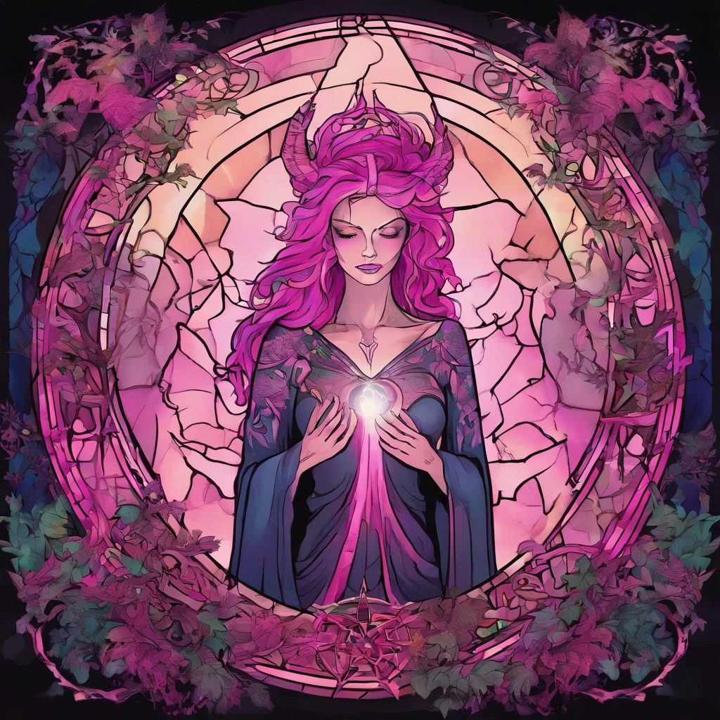(a pink-haired demon woman,spells:1.1,glowing:1.1)(illustration)(best quality,ultra-detailed,realistic:1.37),demonic witch(demonic:1.1)(magic:1.1)(forest)(dark and mysterious,ominous atmosphere),casting powerful spells,creating magical energy(magic:1.1),vibrant pink hair(swirling pink hair)(flowing pink hair),horns(devil horns:1.1),piercing red eyes,enchanted scepter(magical scepter),elaborate dark robe,glowing magical sigils,fiery embers swirling(magical embers:1.1)(glowing embers),magical aura(glowing aura),eerie shadows,otherworldly presence(presence),sinister smile,nightfall in the background(dark night:1.1)(moonlit forest),lush and dense foliage(twisted trees)(mystical plants:1.1),mystical particles(swirling particles)(floating particles),ethereal glow(ethereal:1.1)(soft glow),faint moonlight breaking through the trees,haunting and captivating(scary atmosphere),bewitching beauty,wide range of colors(vivid colors)(contrasting colors),mystical realm,impressive details,dynamic composition,mesmerizing artwork,photorealistic style(picasso style),impressive shading and lighting,explosive energy,magical atmosphere(fantasy atmosphere),dreamlike scene