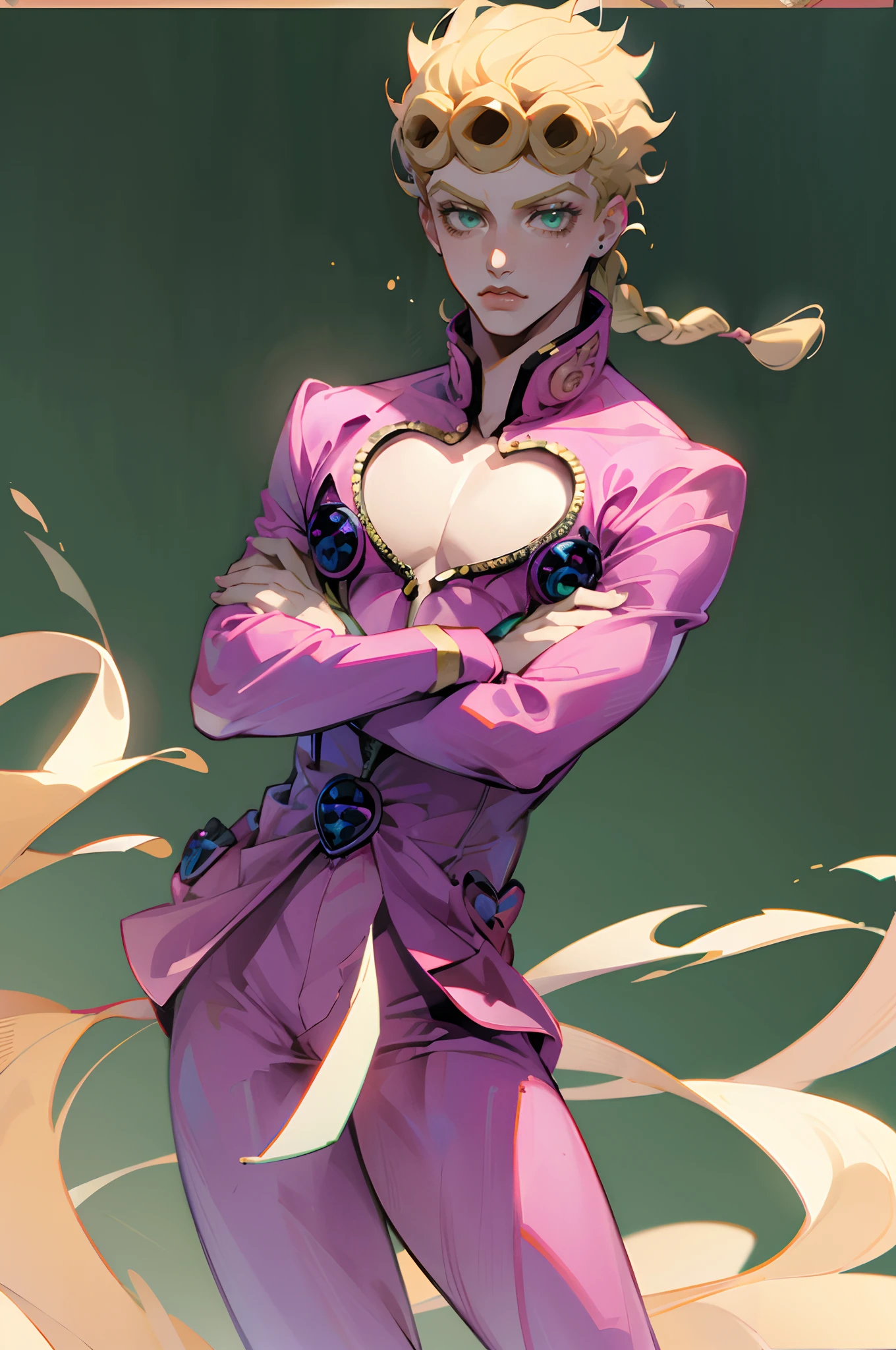 Giorno Giovanna, solo, green eyes, blonde hair, 1boy, braid, male focus, clothing cutout, cleavage cutout, pectorals, pink suit, cowboy shot