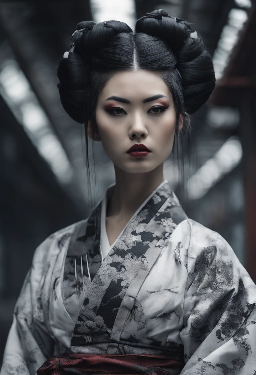 traditional japanese geisha skinhead, hairpunk, fashion shoot editorial style, Hypebeast ultra fast fashion gang signs