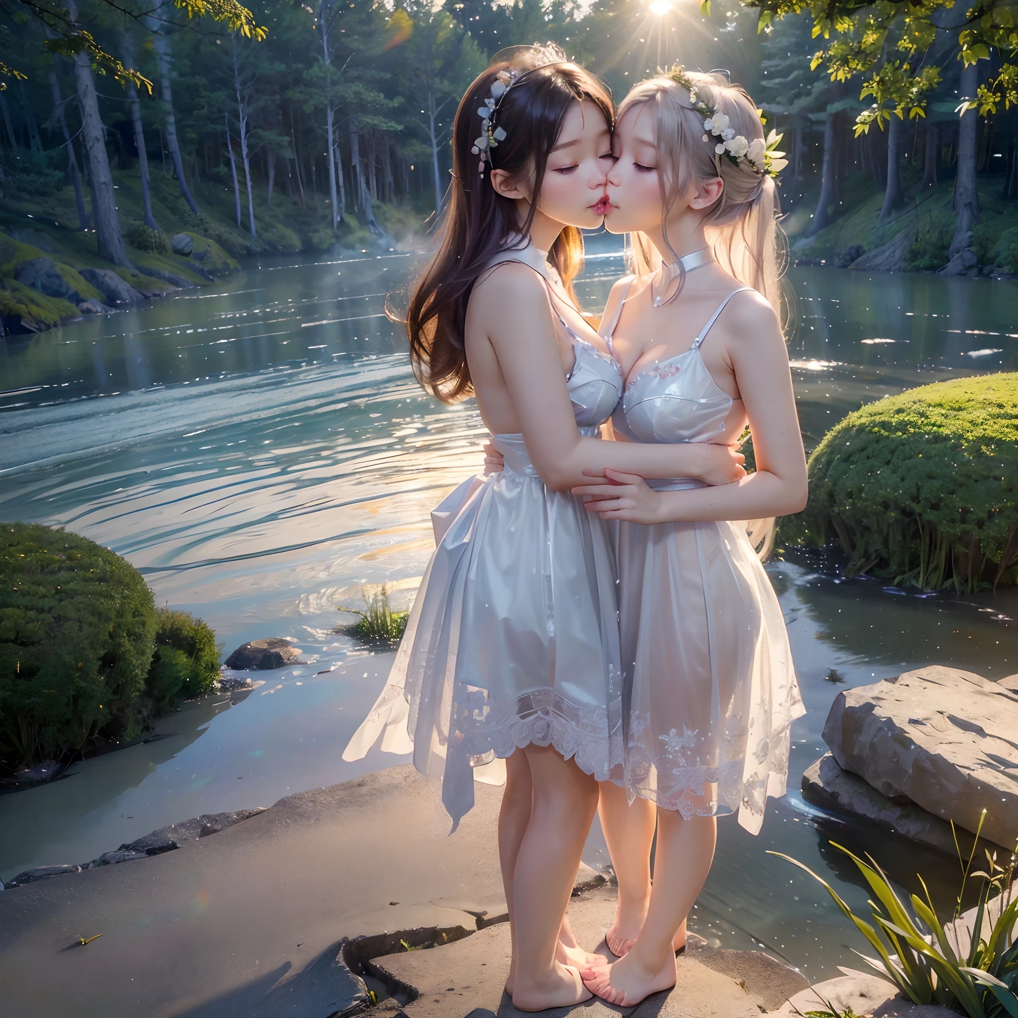 ((NSFW STILL SHOW、David Hamilton:1.37))、(Tiny Oppai- Twins:1.37)、{(from side)|(from back)|(From Bottom:1.2)}、{((Face-to-face kisses))|(Standing at full height:1.2)|wideshot}、{(focus-on)}、{(Floating hair:1.2)|(strong wind)|(focus-on)}、zydG、Best 8K Quality、((Masterpiece:1.2、photorealestic:1.37))、((KAWAII Detailed Face、Detailed textures of oily porcelain leather、Extremely detailed))、(Shiny shining perfect eyes)、Smooth shading、{bokeh|Clear Focus}、Soft lighting with lots of trailing lights、{childish|Giant cleavage:1.37}、(Torn underwear)、{Flowers|Floral wreath|Princess Tiara|Dark red leather high collar|ssmile|stunned|seductiv|Different types of hair dyes}、{(light particles:1.2)|(lens flare)|(luminescent particles:0.6)}、{Forest Lakeside|Cottage on the shore of the lake|Before Dawn|morning glow|Foggy}、(exposed:1.57)、