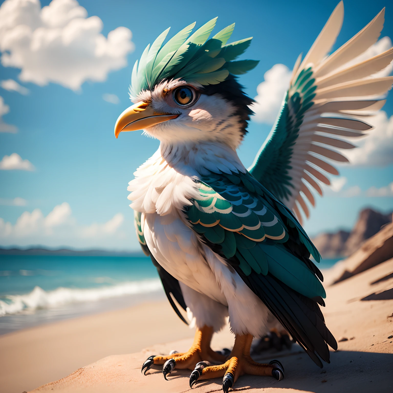 a baby thunderbird with colorful feathers and a playful demeanor.”