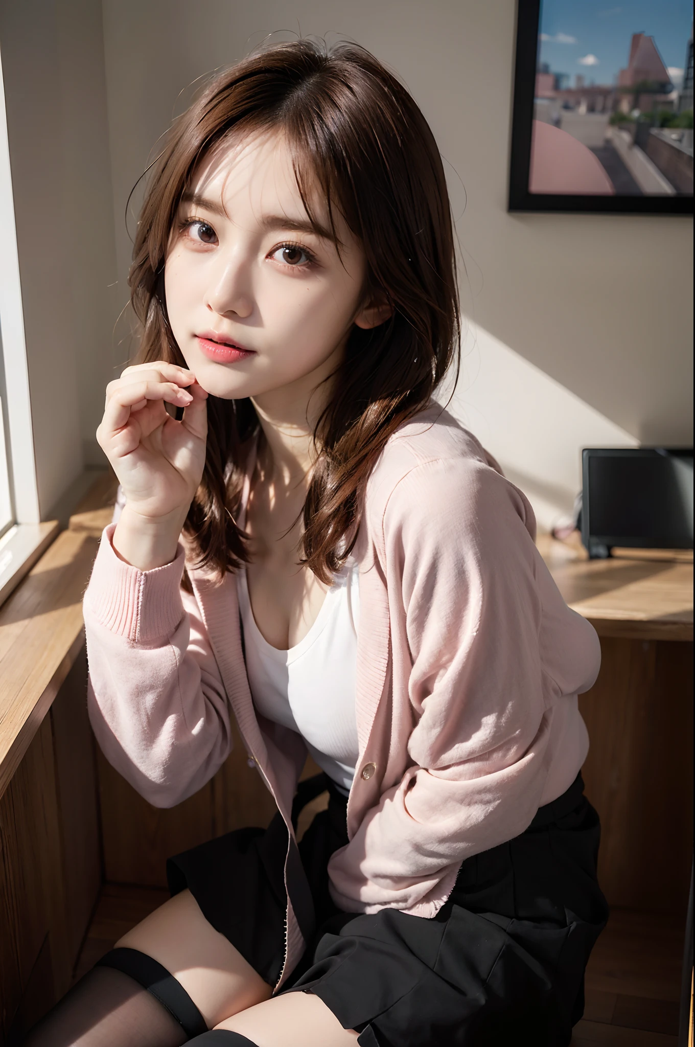 (RAW photo, best quality), (realistic, photo-realistic:1.3), masterpiece, an extremely delicate and beautiful, extremely detailed, CG, unity , 2k wallpaper, Amazing, finely detail, light smile, extremely detailed CG unity 8k wallpaper, huge filesize, ultra-detailed, highres, absurdres, soft light, (((medium hair:1.3), short bang, pink hair, floating hair novafrogstyle)), beautiful detailed girl, detailed fingers, extremely detailed eyes and face, beautiful detailed nose, beautiful detailed eyes, long eyelashes, light on face, looking at viewer, (closed mouth:1.2), 1girl, cute, young, mature face, (full body:1.3), ((small breasts)), realistic face, realistic body, beautiful detailed thigh, (ulzzang-6500-v1.1:0.8), business suit, cross-laced clothes, collared shirt, open clothes, in office, detailed office, open cardigan, black thighhighs, miniskirt, black underwear, unbuttoned shirt,
