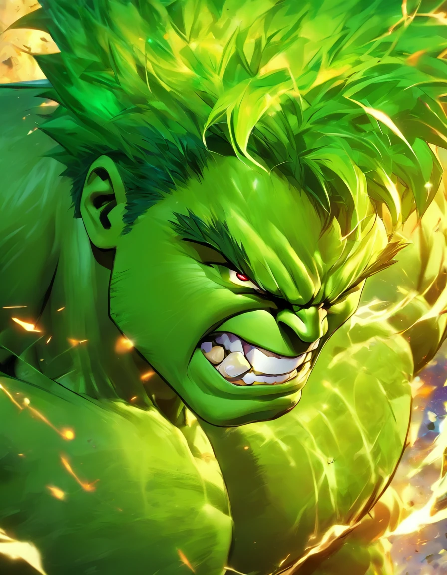 A combination of Hulk and Super Saiyan,Three View,tmasterpiece,high detal,best qualtiy,A high resolution,16k,in a panoramic view,hyper HD:: --v 5