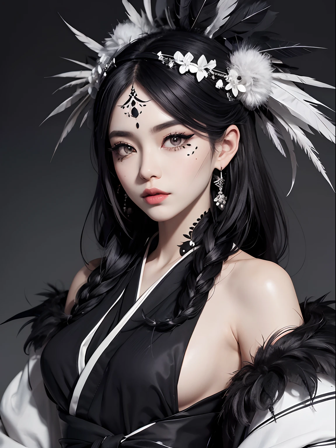 Black and white kimono、a lot of black feathers on the head,,,,、Black eyeliner and black eyeshadow、A detailed face、detailed facial expression、Shoot from the waist up、Dynamic Posing、Fancy makeup、Fancy face paint、