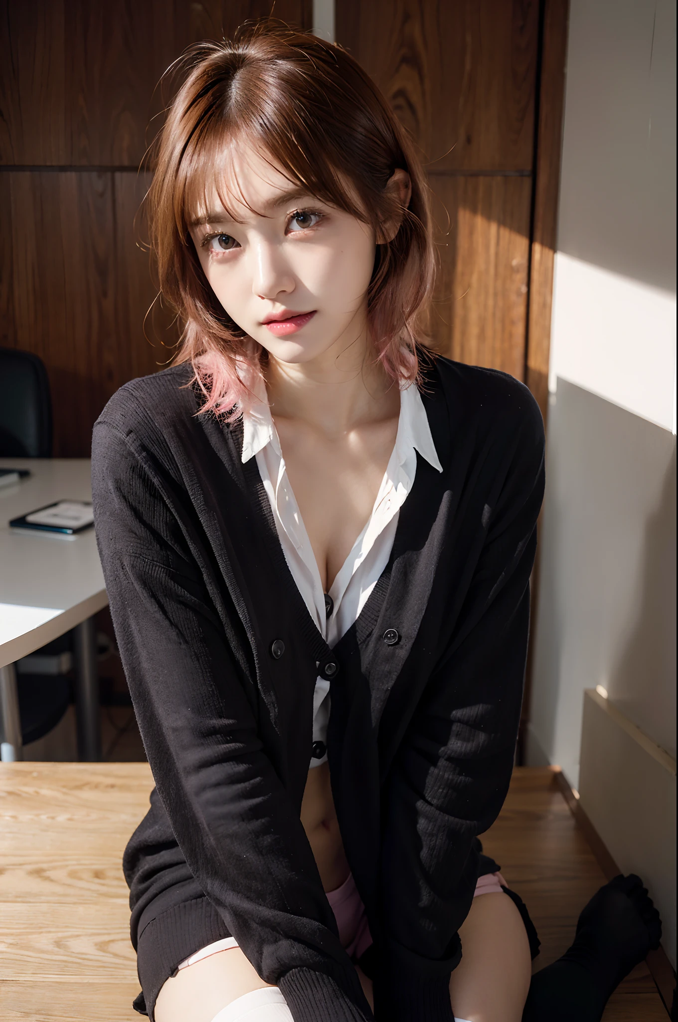 (RAW photo, best quality), (realistic, photo-realistic:1.3), masterpiece, an extremely delicate and beautiful, extremely detailed, CG, unity , 2k wallpaper, Amazing, finely detail, light smile, extremely detailed CG unity 8k wallpaper, huge filesize, ultra-detailed, highres, absurdres, soft light, (((medium hair:1.3), short bang, pink hair, floating hair novafrogstyle)), beautiful detailed girl, detailed fingers, extremely detailed eyes and face, beautiful detailed nose, beautiful detailed eyes, long eyelashes, light on face, looking at viewer, (closed mouth:1.2), 1girl, cute, young, mature face, (full body:1.3), ((small breasts)), realistic face, realistic body, beautiful detailed thigh, (ulzzang-6500-v1.1:0.8), business suit, cross-laced clothes, collared shirt, open clothes, in office, detailed office, open cardigan, black thighhighs, miniskirt, black underwear, unbuttoned shirt,