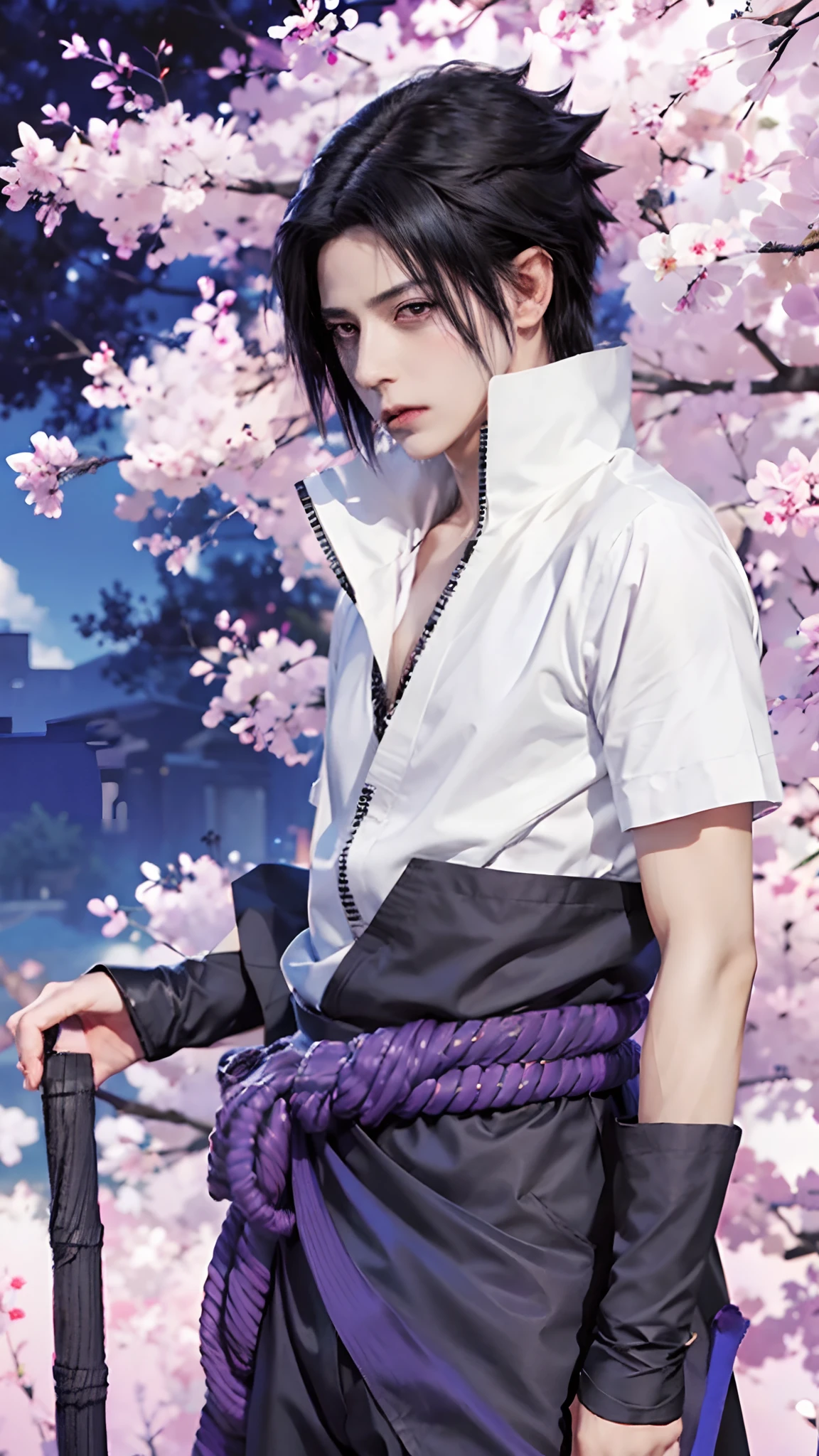 1man, uchiha sasuke in anime naruto shipudden, short hair , black hair, red ligth eyes, handsome, purple clothes, realistic clothes, detail clothes, city background, ultra detail, realistic