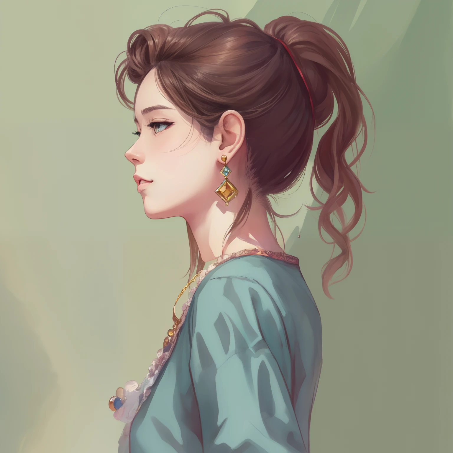Illustration of a woman with brown hair earrings on a blue top, in illustration style digital, Cartoon style illustration, Belo estilo de arte, trending on artstration, Beautiful digital illustration, bela arte digital, estilo de arte dos desenhos animados, arte digital detalhada bonito, exquisite digital illustration, Estilo de desenho bonito, estilo de arte impressionante, estilo de arte vetorial, Digital anime illustration, 2d illustration