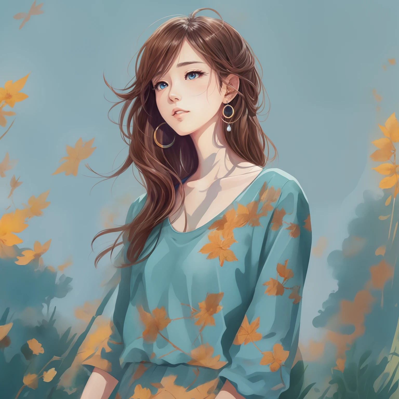 Illustration of a woman with brown hair earrings on a blue top, in illustration style digital, Cartoon style illustration, Belo estilo de arte, trending on artstration, Beautiful digital illustration, bela arte digital, estilo de arte dos desenhos animados, arte digital detalhada bonito, exquisite digital illustration, Estilo de desenho bonito, estilo de arte impressionante, estilo de arte vetorial, Digital anime illustration, 2d illustration