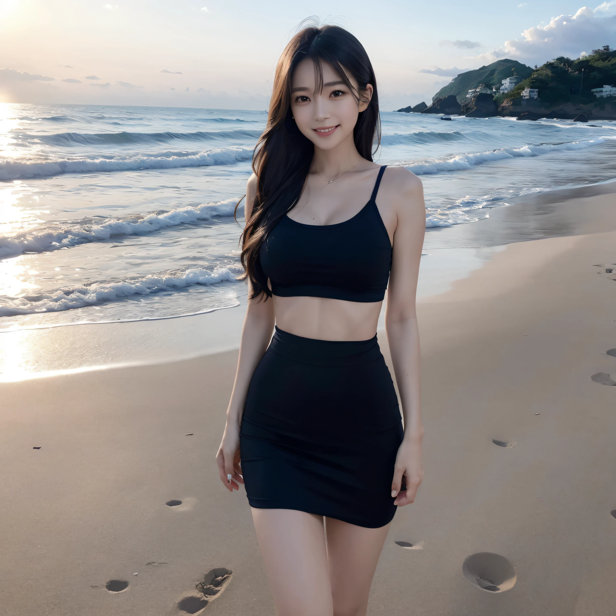 One lady、((best qualtiy、8k masterpieces:1.3))、foco nítido:1.2、(ultra beautiful faces:1.0)、(shinny skin:1.0)、photos realistic、A dark-haired、Video Lighting、High-definition eyes and face、Video Lighting、Japan Idol Actress、from the front side、medium breasts、Smile、Slender Abs Beauty、Whole body、wearing t-shirts、On the beach in the morning