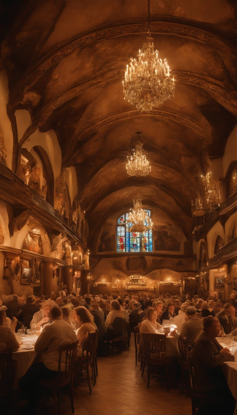 (((Lively Oktoberfest Beer Hall)))
Type of Image: Photograph
Subject Description: A bustling Oktoberfest beer hall adorned with Bavarian flair. Traditional Bavarian flags hang overhead, Oktoberfest banners decorate the walls, and garlands of oversized pretzels and sausages frame the space. Patrons in Bavarian attire clink beer steins, and bartenders in traditional outfits serve frothy beer.
Art Styles: Realistic, Capturing the Authentic Atmosphere
Art Inspirations: Photographers known for capturing cultural events and traditions
Camera: DSLR, Wide-Angle Lens (24mm)
Shot: Candid, Emphasizing the Vibrancy of the Scene
Render Related Information: High Resolution (4K), HDR, Warm Ambient Lighting, Rich Colors