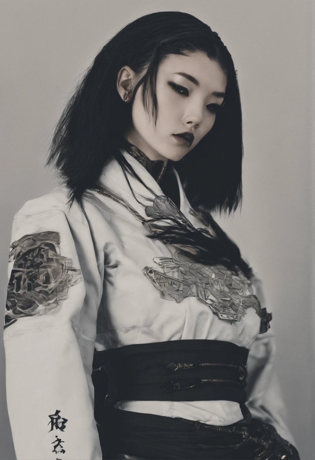 traditional japanese geisha skinhead, hairpunk, fashion shoot editorial style, Hypebeast ultra fast fashion gang signs