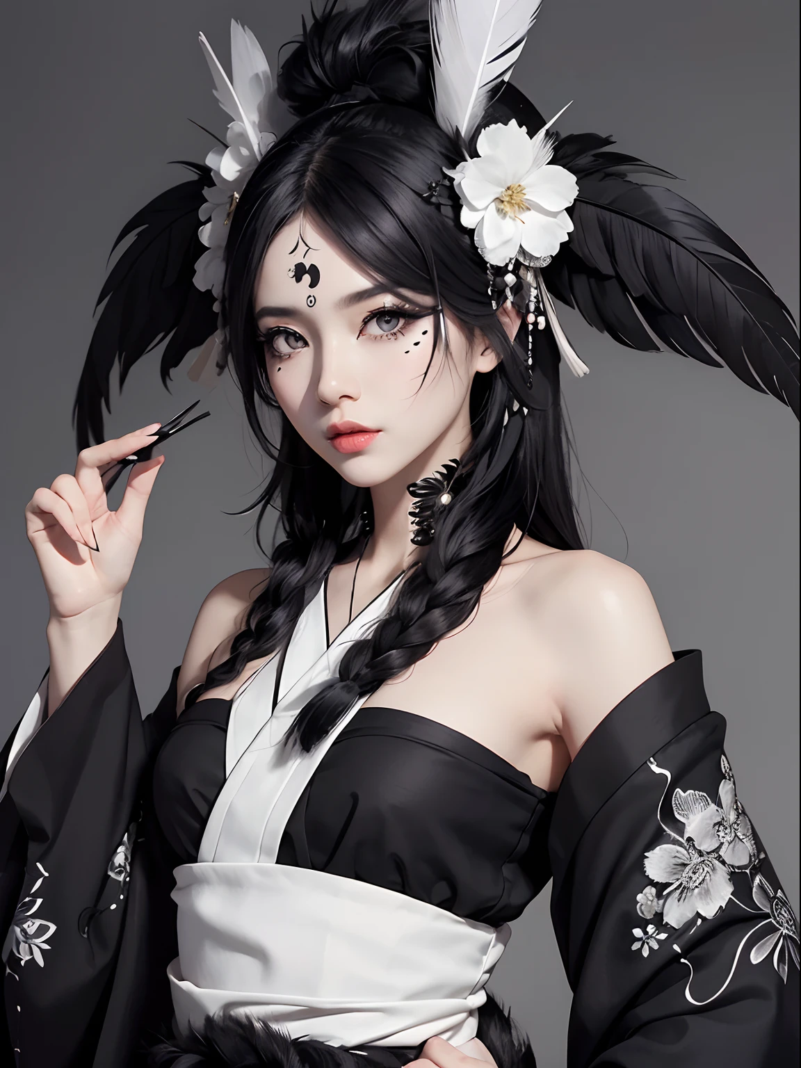 Black and white kimono、a lot of black feathers on the head,,,,、Black eyeliner and black eyeshadow、A detailed face、detailed facial expression、Shoot from the waist up、Dynamic Posing、Fancy makeup、Fancy face paint、