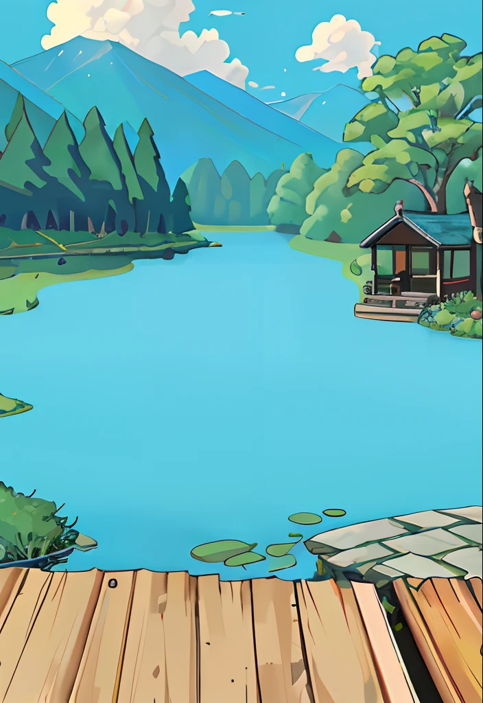 quadratic element,in style of ghibli,Cartoon animation,Fish pond in the countryside