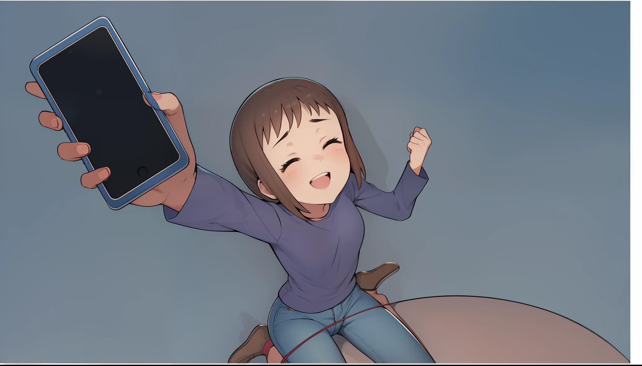 1girl in, 独奏, breastsout,a smile, shorth hair, bow ribbon, blue open sky,Brown hair,Have a smartphone,Blue denim,