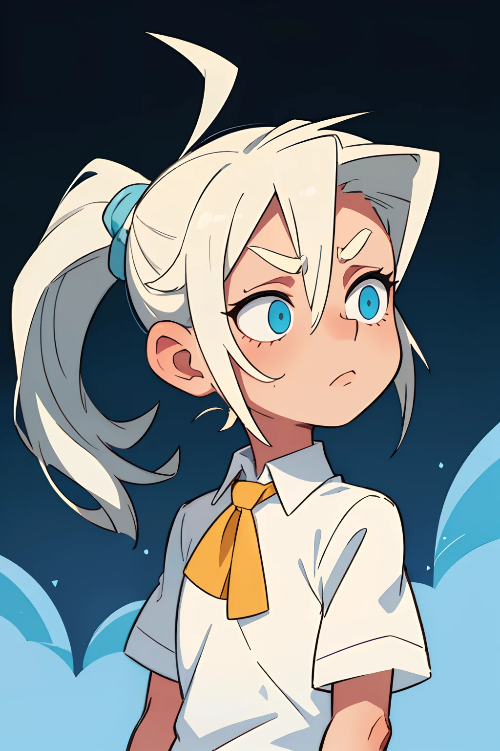 Dark skin, white hair, blue eyes, , cum on chest, flat chest, no bra, blushing, cum on face, cum in mouth, looking up