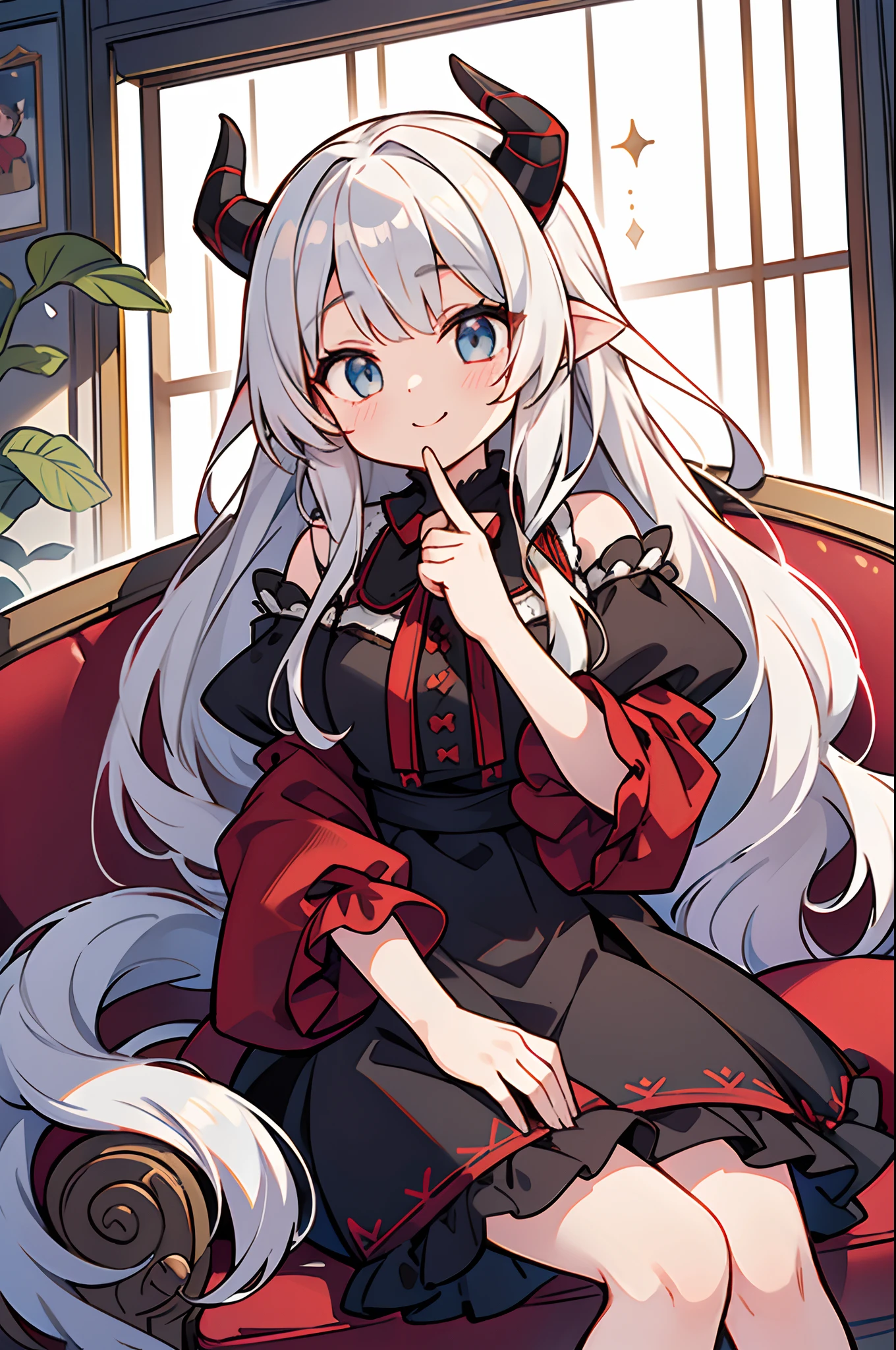 The highest quality of the masterpiece, ((low angles)), Looking at the camera, Cute smile, Silvery hair, (long hair with slightly curled tips,,,:1.2), Beautiful colored eyes, delicated face, Plump cheeks, (Put your hand to your mouth:1.2), Devil's horns grow on the head, Kamimei, Red and black dress, Black ruffled skirt with red embroidery, Fluffy sleeves, Clothes with flair, (Sitting on the sofa in a Western-style building:1.2), [[[[multiple arms]]]]