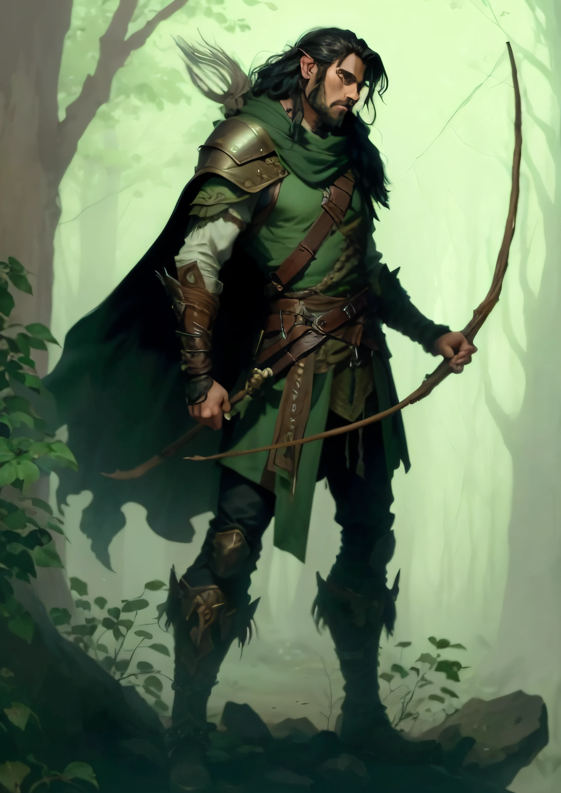 An elven ranger. Born of the woods. With boots that make no sound. Leather armor that blends to the back ground and cloak to become invisible. Shoulder length black hair with rugged design. Eyes would look yelllow like a wolf. Facial feature would be manly yet fine elvish, his stare would be intense and serious. Poised ready for action at a moments notice.