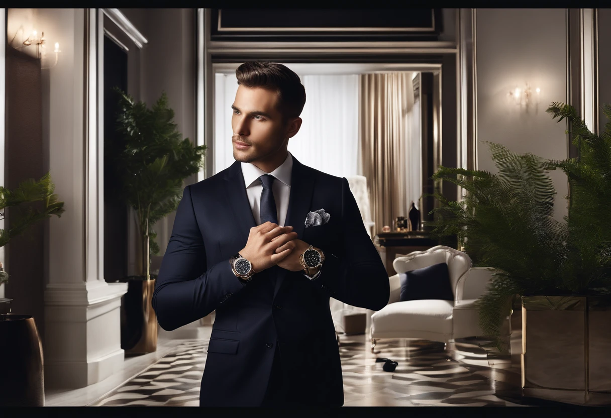 A banner of a modern man in elegant suits, designer shoes and luxury watches, saying not to accept the proposal presented , Organized in a sophisticated studio environment with dramatic lighting, criando uma atmosfera de exclusividade e luxo, fotografia, using a medium format camera with a main lens to highlight product details