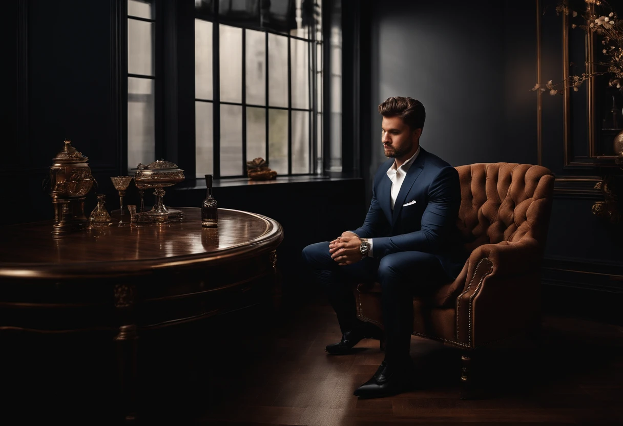 A banner of a modern man in elegant suits, designer shoes and luxury watches, saying not to accept the proposal presented , Organized in a sophisticated studio environment with dramatic lighting, criando uma atmosfera de exclusividade e luxo, fotografia, using a medium format camera with a main lens to highlight product details