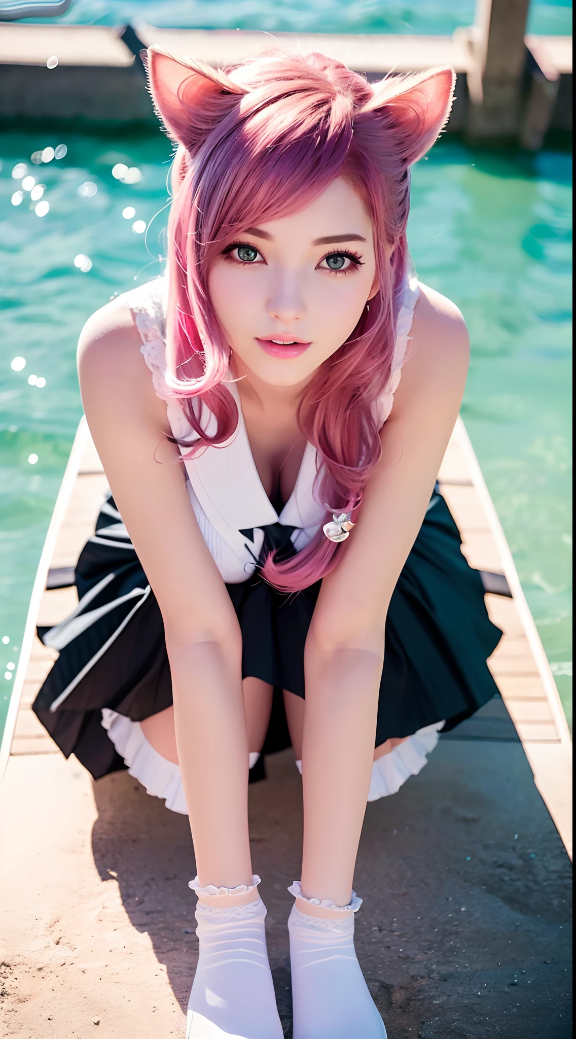 (Best quality,4K,8K,A high resolution,Masterpiece:1.2), Ultra-detailed,(Realistic,Photorealistic,photo-realistic:1.37), A woman with two tails, JK school uniform, White lace knee-length socks, Vibrant colors, Pink hair, Cat ears, Soft lighting, harbour, beach, Take a boat tour