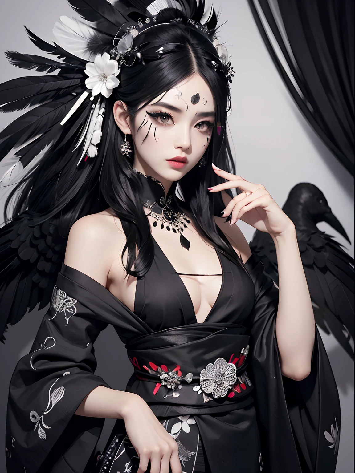Black and white kimono、a lot of black feathers on the head,,,,,、Black eyeliner and black eyeshadow、A detailed face、detailed facial expression、Shoot from the waist up、Dynamic Posing、Fancy makeup、Fancy face paint、