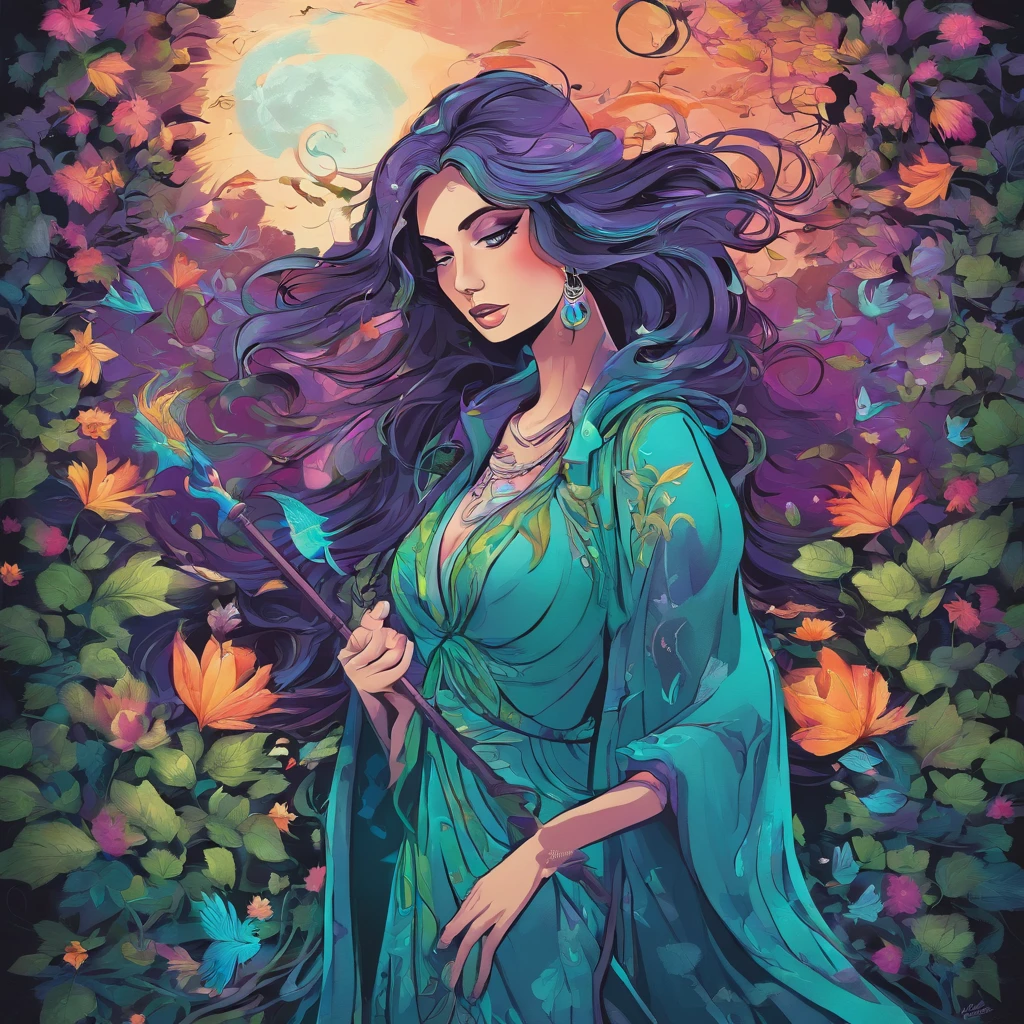 (best quality,4k,8k,highres,masterpiece:1.2),ultra-detailed,(realistic,photorealistic,photo-realistic:1.37),witch,casting spells,blue green purple hues,goddess,whimsical,magical,beautiful,enchanted garden,full moon,nature elements,floating petals and leaves,mystical energy,sorceress holding a staff,flowing robes,mysterious shadows,dreamy atmosphere,vibrant colors,elegant pose,celestial background,ethereal glow