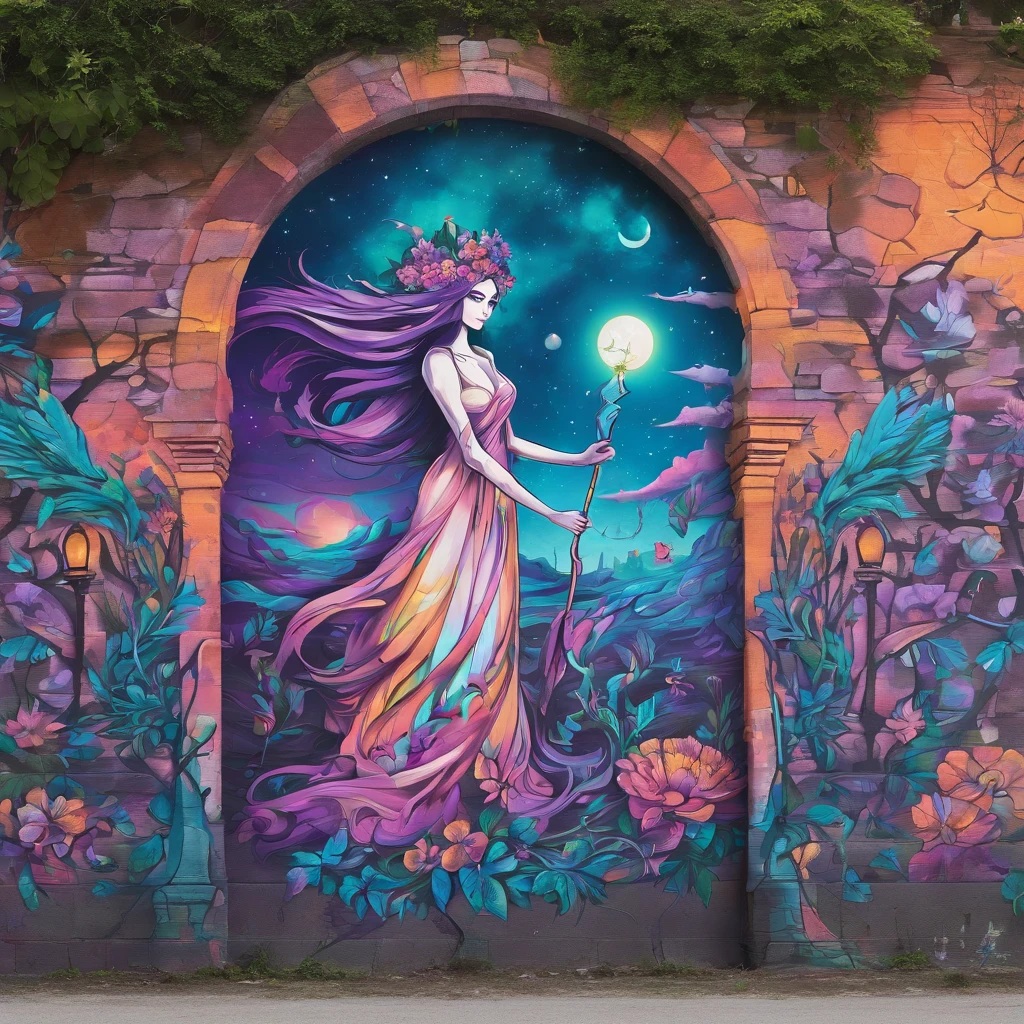 (best quality,4k,8k,highres,masterpiece:1.2),ultra-detailed,(realistic,photorealistic,photo-realistic:1.37),witch,casting spells,blue green purple hues,goddess,whimsical,magical,beautiful,enchanted garden,full moon,nature elements,floating petals and leaves,mystical energy,sorceress holding a staff,flowing robes,mysterious shadows,dreamy atmosphere,vibrant colors,elegant pose,celestial background,ethereal glow
